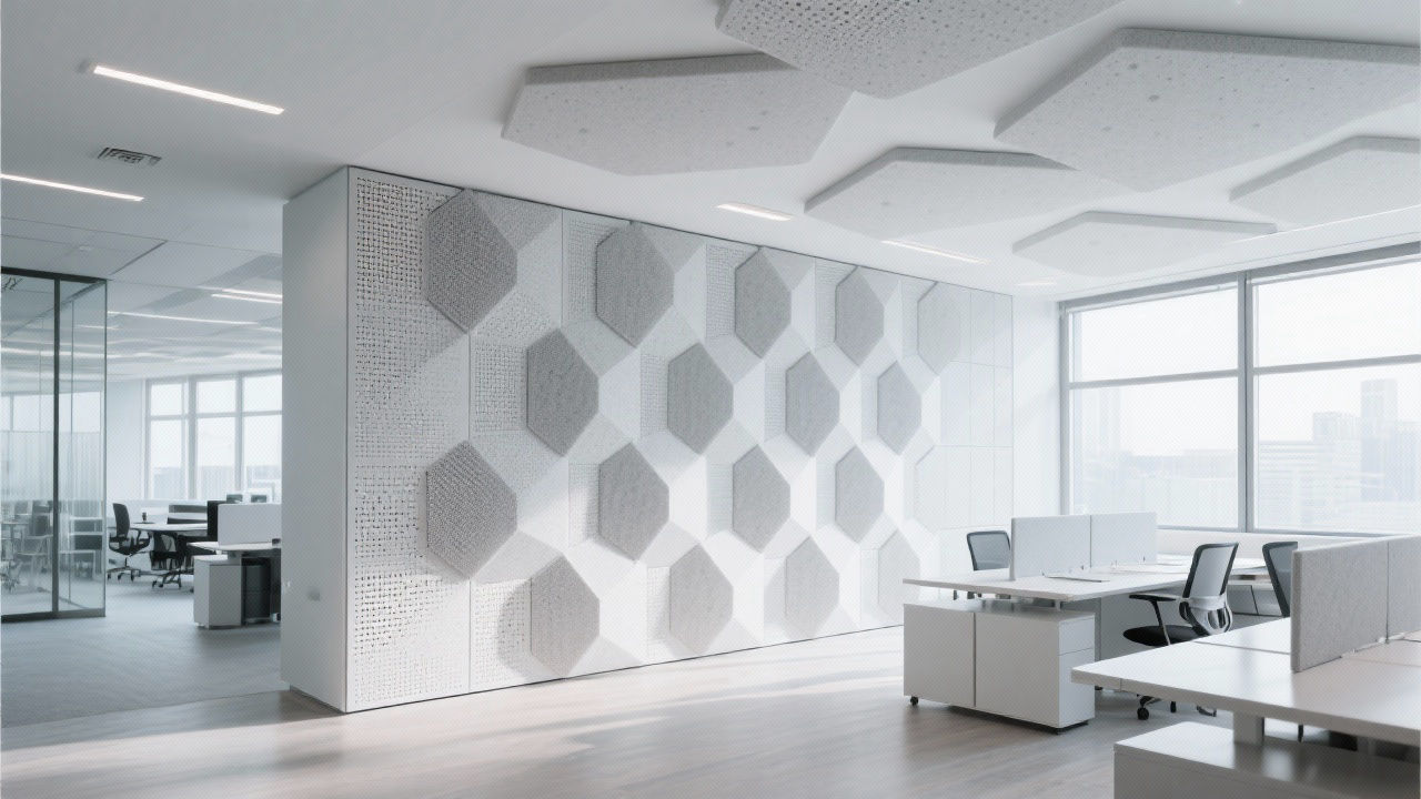 Modern office with acoustic honeycomb panels.
