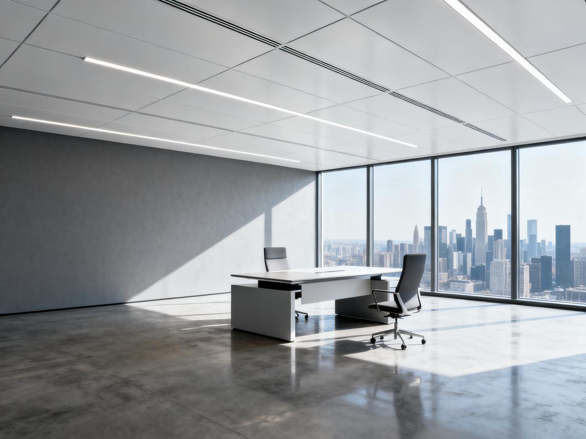 Modern office with sleek metal ceiling panels.
