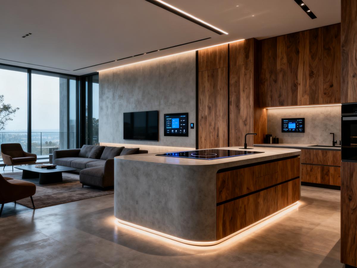 Modern smart home living room with integrated kitchen