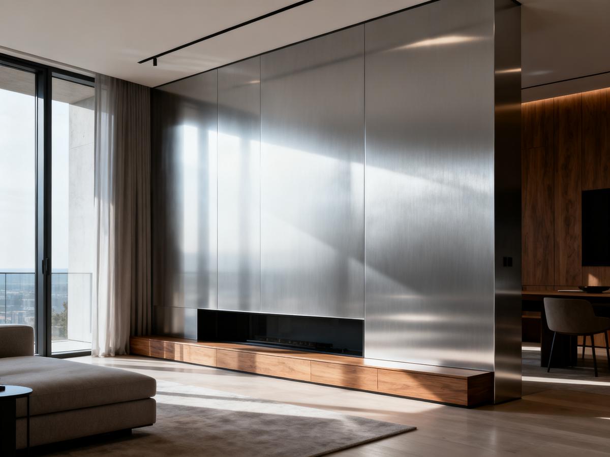 Sleek living room with anodized aluminum wall