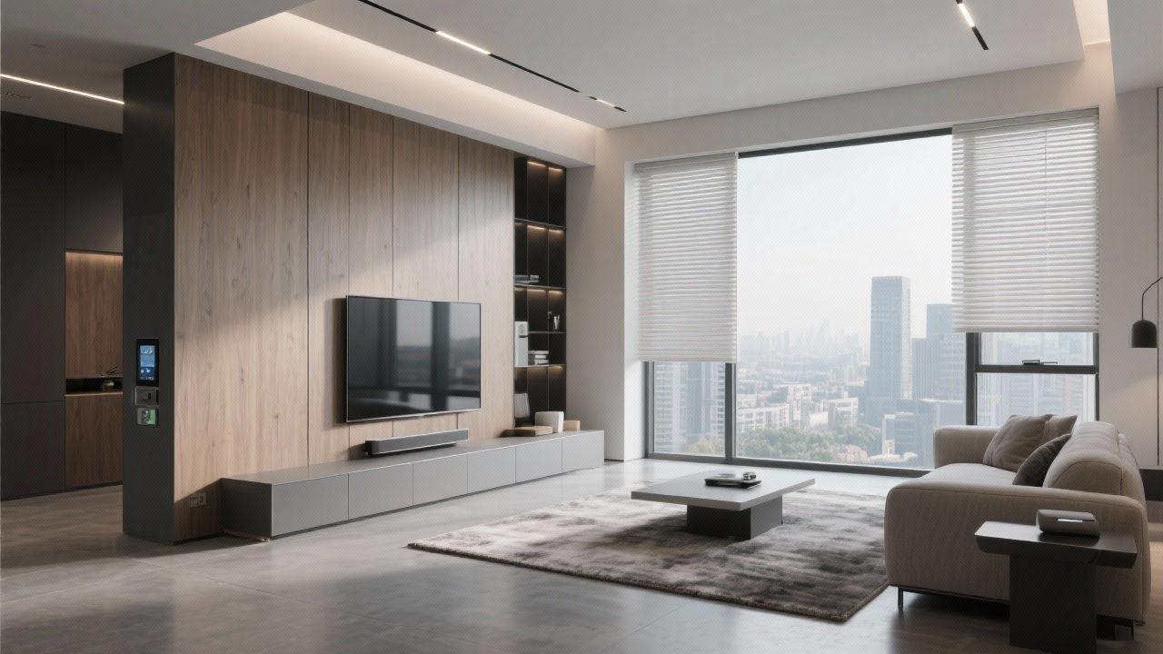 Modern smart living room, integrated tech