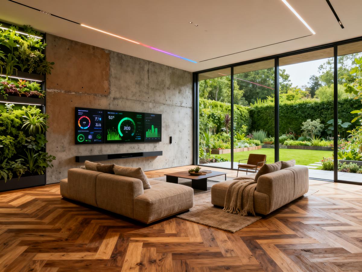 Sustainable smart living room with natural light.