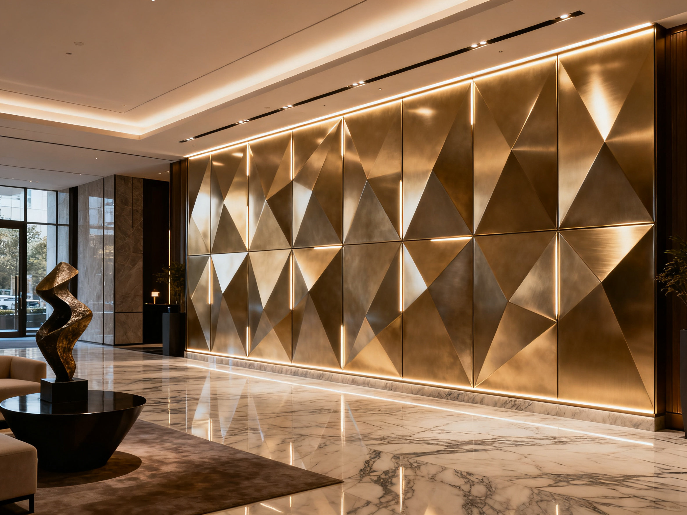 Champagne 3D wall panels in luxury hotel lobby