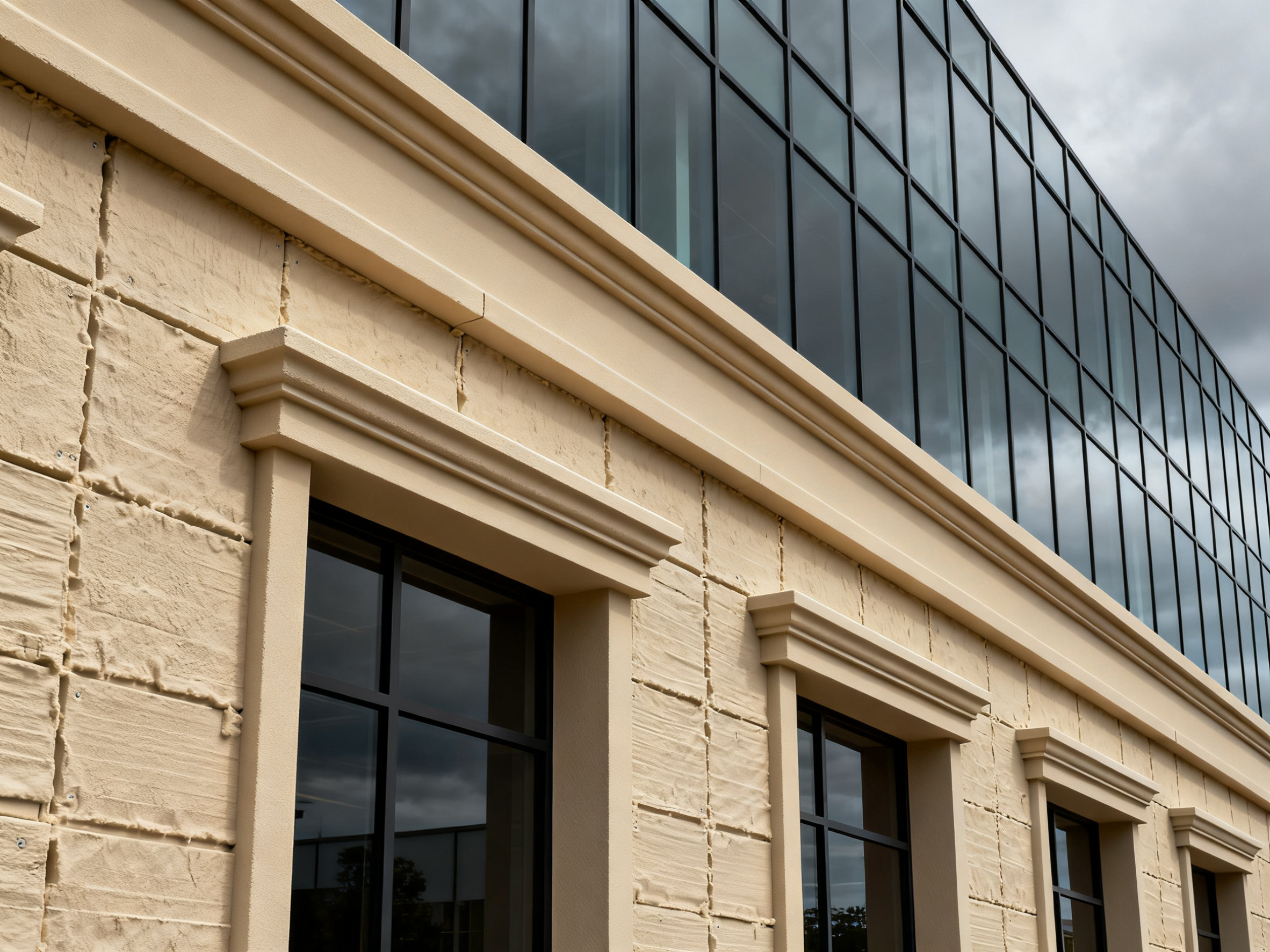 Beige EPS trim on commercial building under cloudy sky