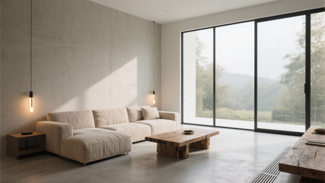 Minimalist smart living room with sustainable materials.