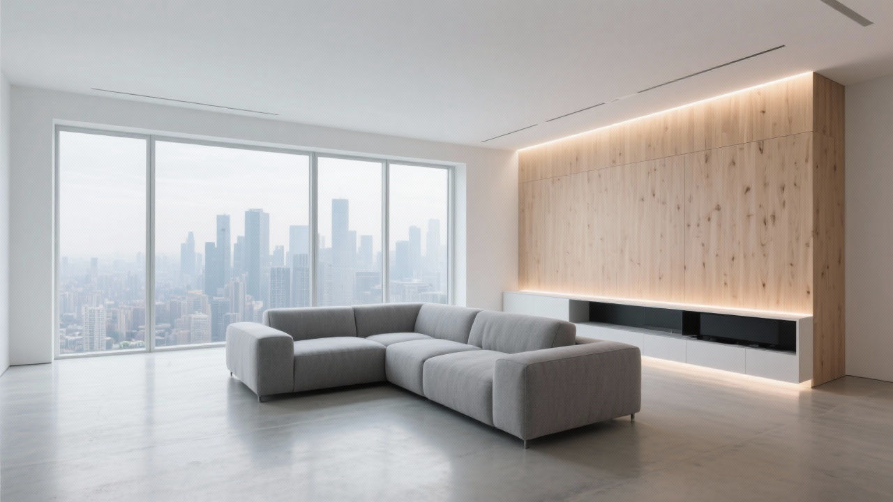 Modern minimalist living room design with city view.