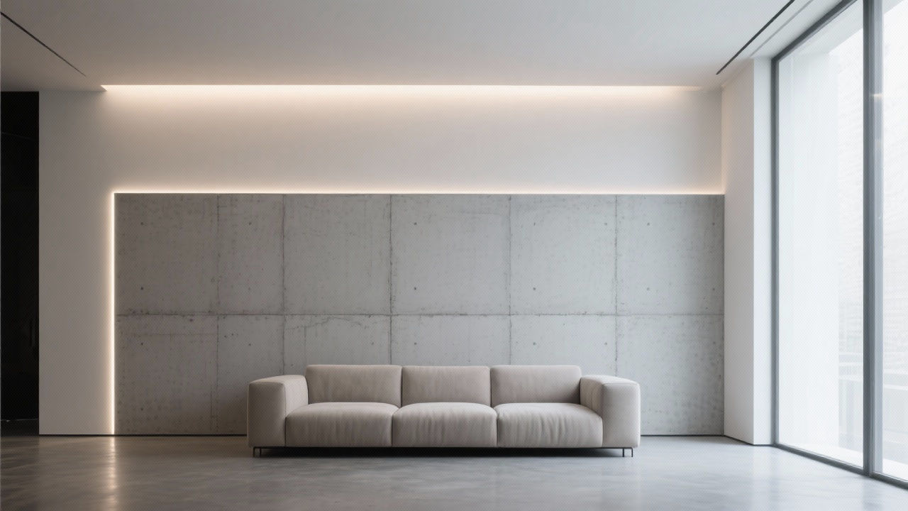 Modern living room with concrete wall panels.