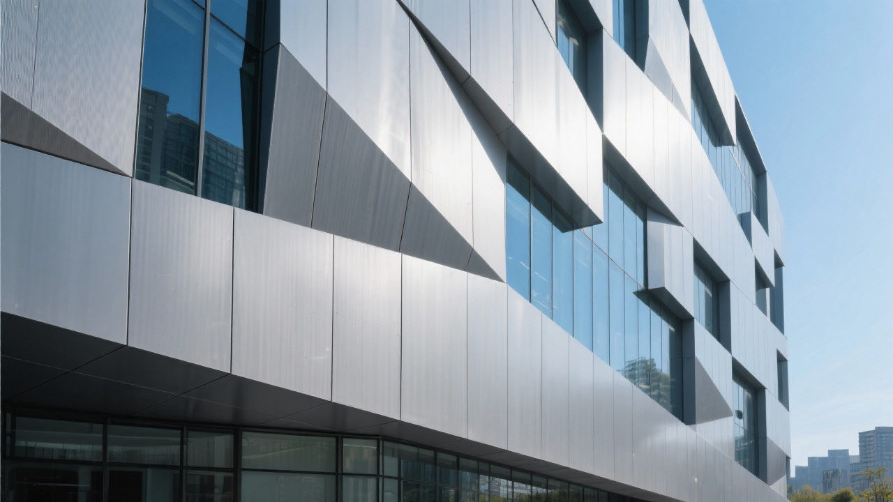 Modern building facade with matte grey anodized aluminum panels.