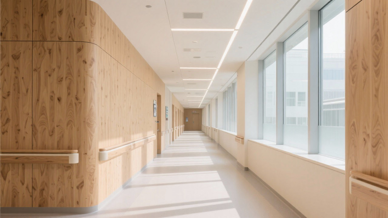 Modern hospital corridor with wood-fragrant impact-resistant wall panels.