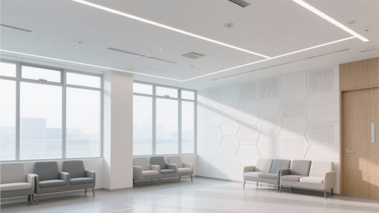 Modern hospital waiting area, acoustic panels.