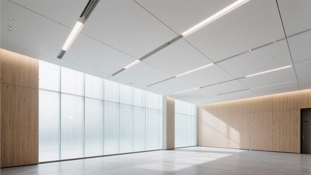 Modern commercial lobby with hook-on ceiling.