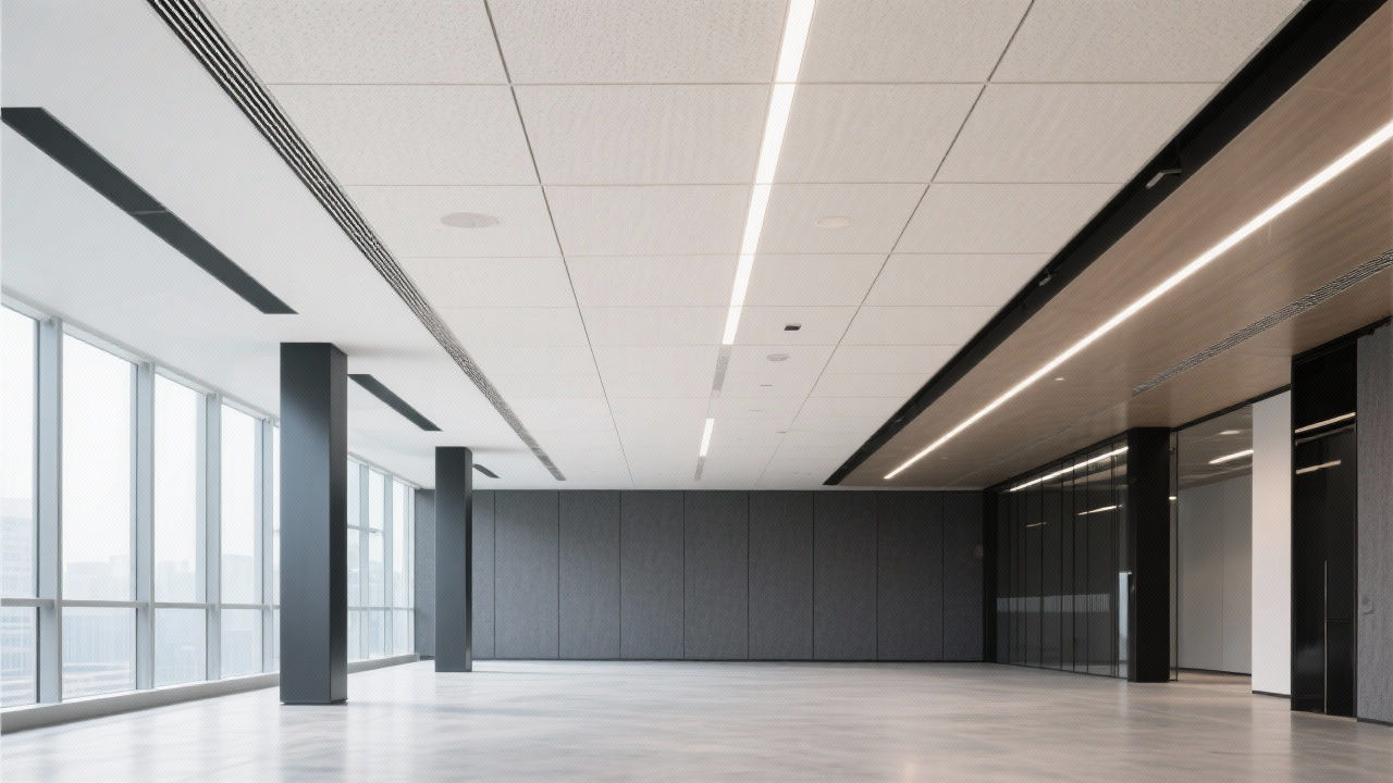 Modern office interior with fire-resistant ceiling panels