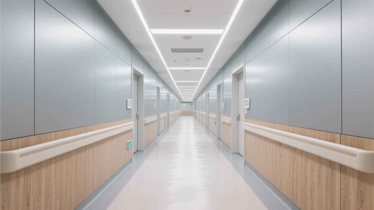 Modern hospital corridor with anti-collision wood and aluminum wall panels.