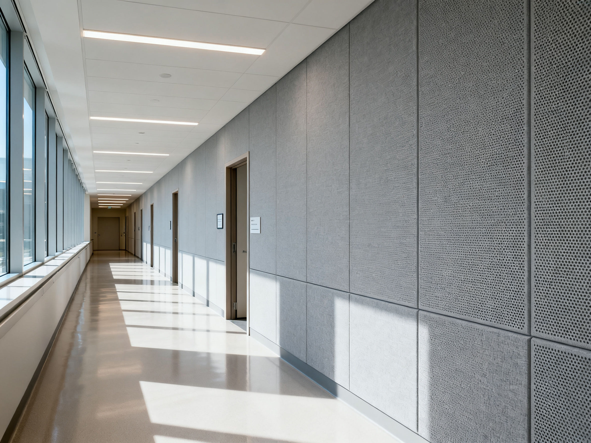Modern hospital corridor with acoustic panels
