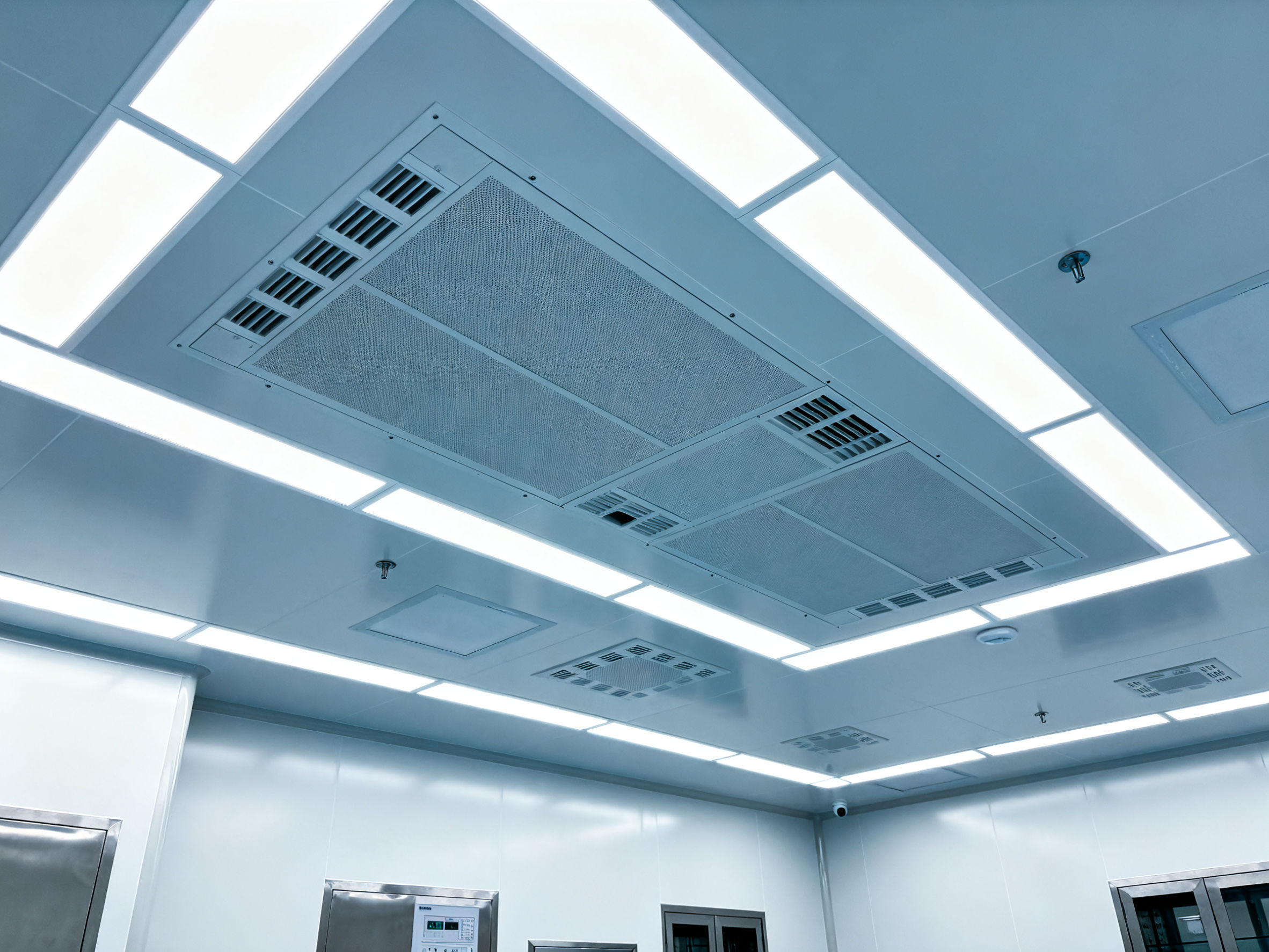 Modern medical cleanroom with seamless metal ceiling