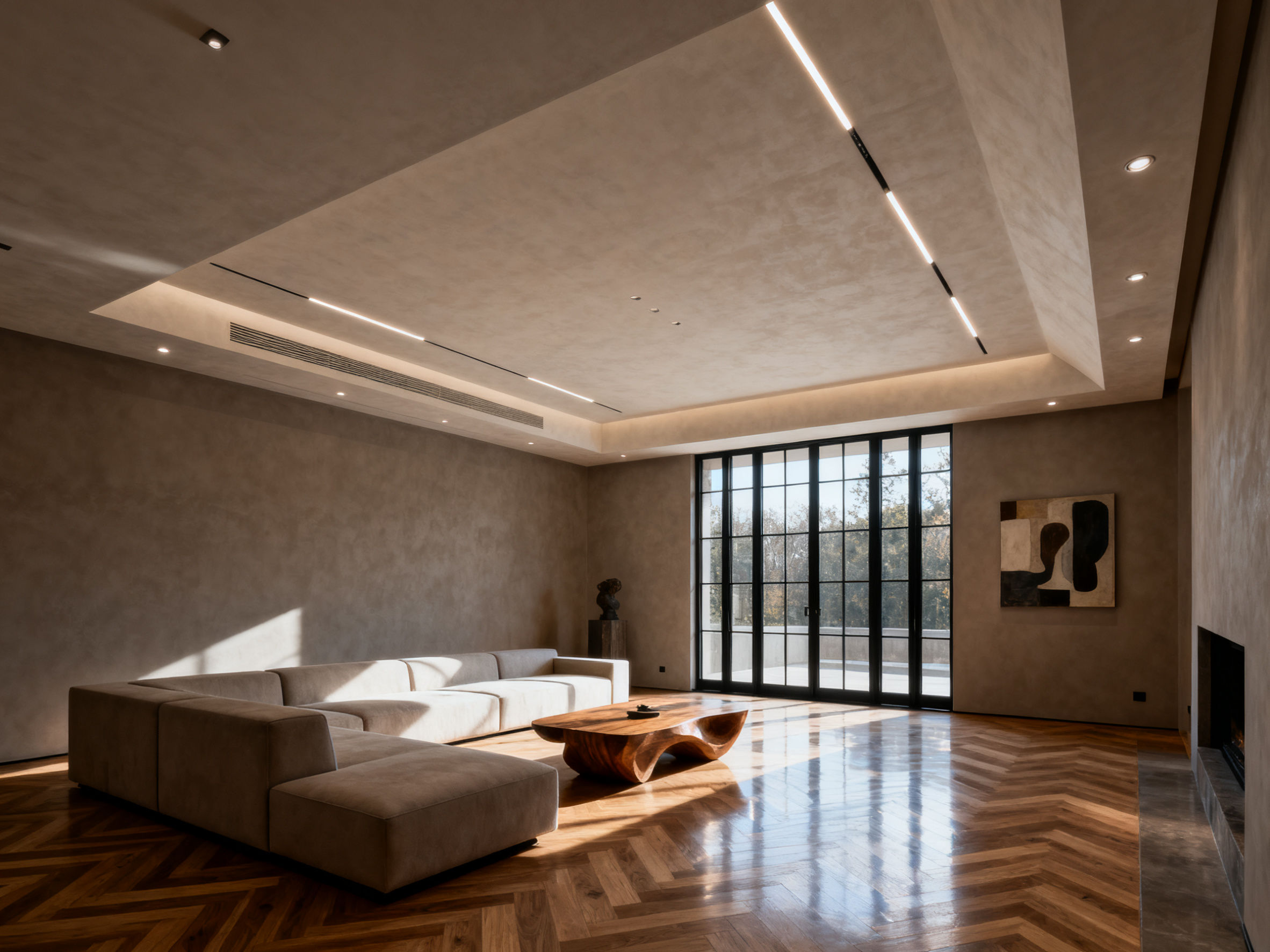 Modern living room with minimalist gypsum ceiling