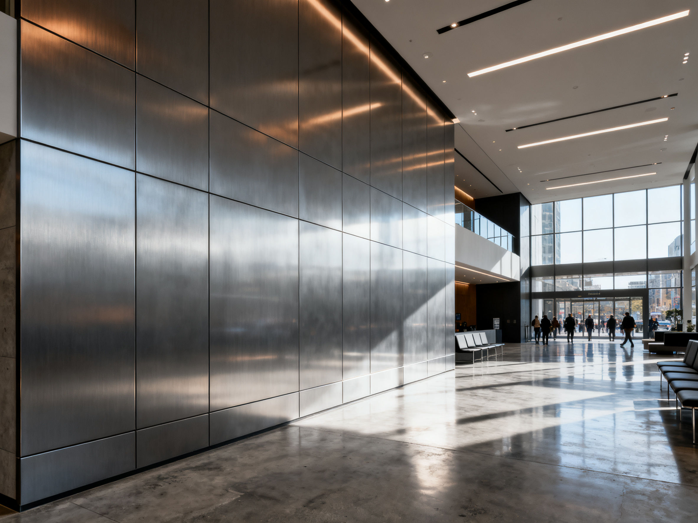 Modern commercial lobby with durable aluminum composite anti-collision wall panels.