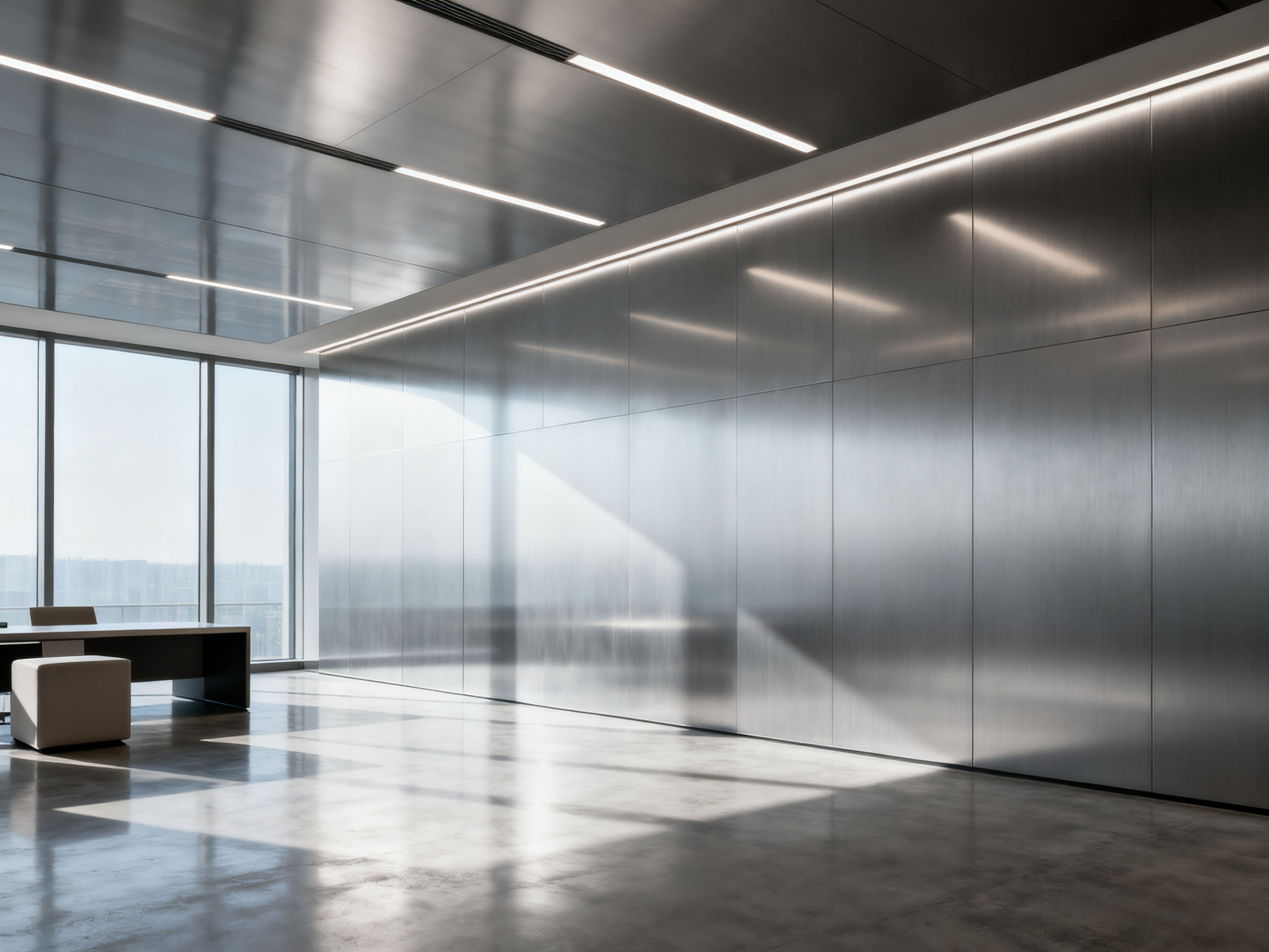 Modern office interior with silver anodized aluminum panels.