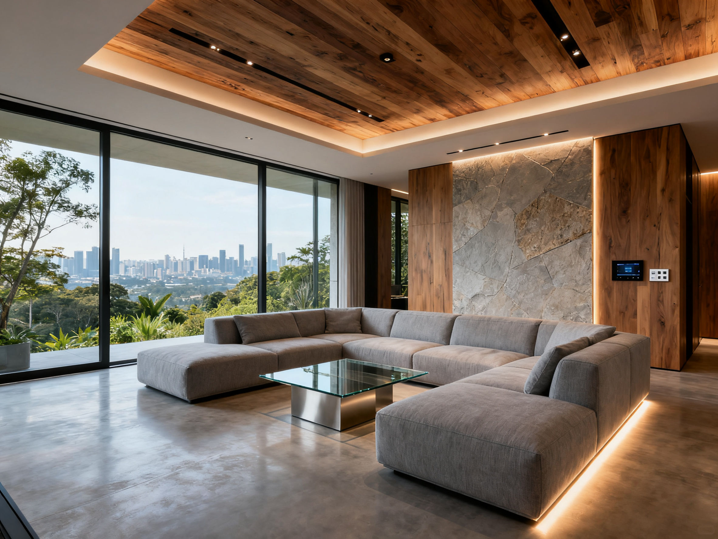 Modern living room, smart features.
