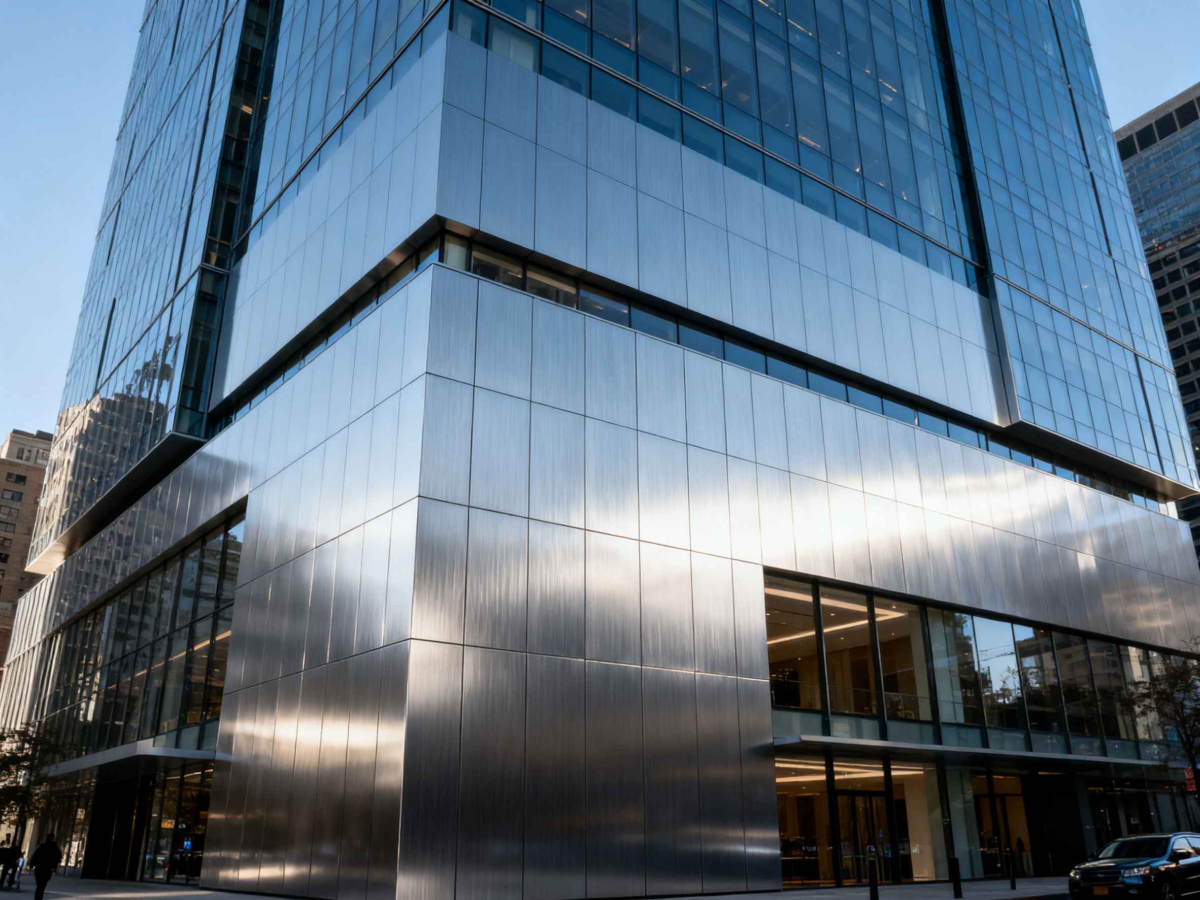 Modern building with aluminum honeycomb facade.
