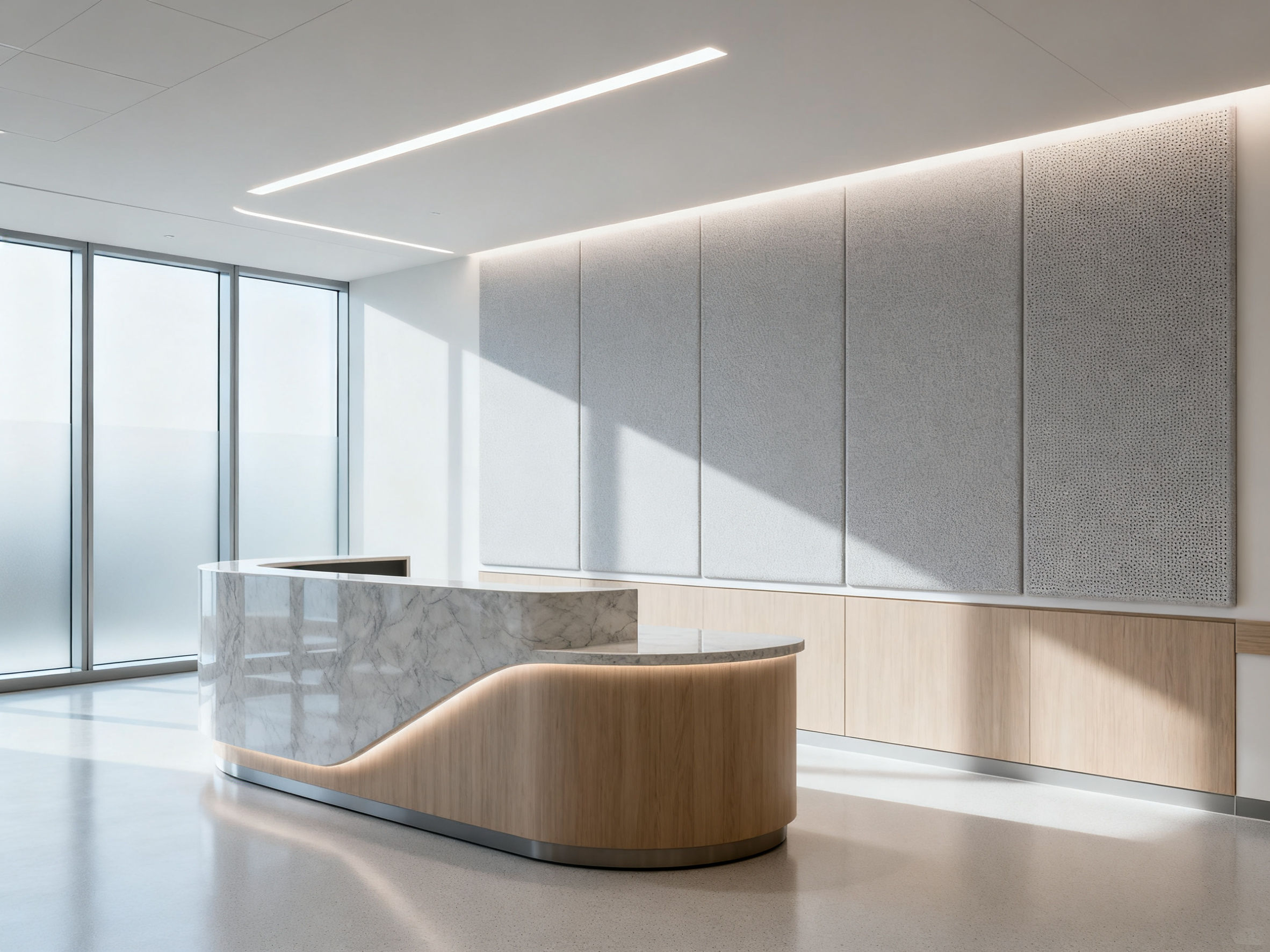 Modern medical waiting area with acoustic panels