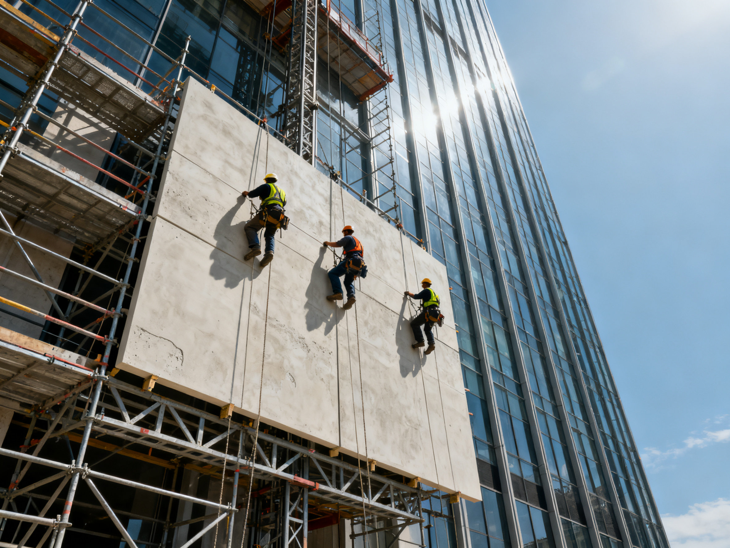 Workers installing large GRC panels on a building facade, showcasing industrial precision and scale.