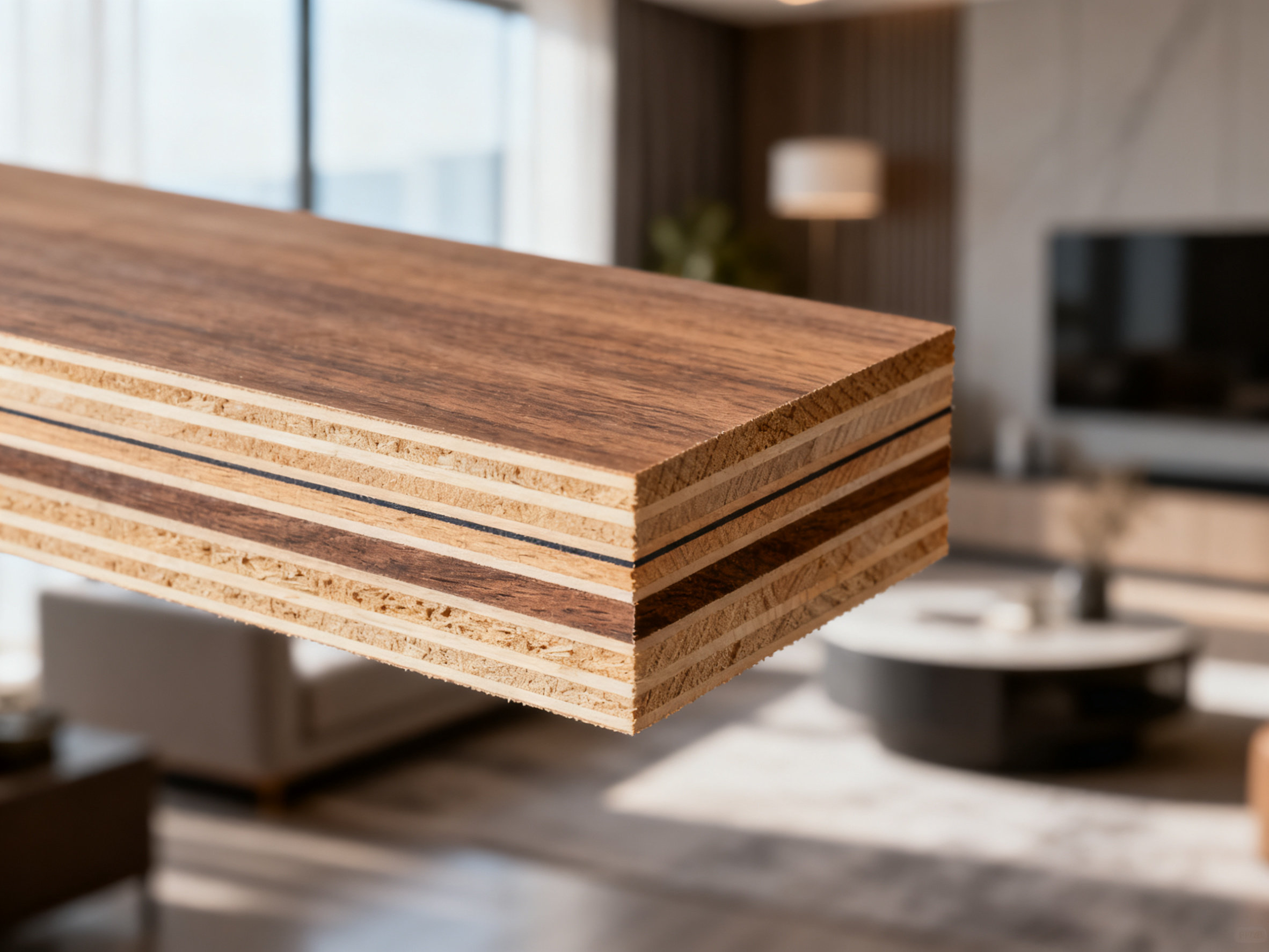 月下独酌,思量那扇实木复合门 Macro shot of a solid wood composite panel's cross-section, highlighting the multi-layered structure and precision craftsmanship.