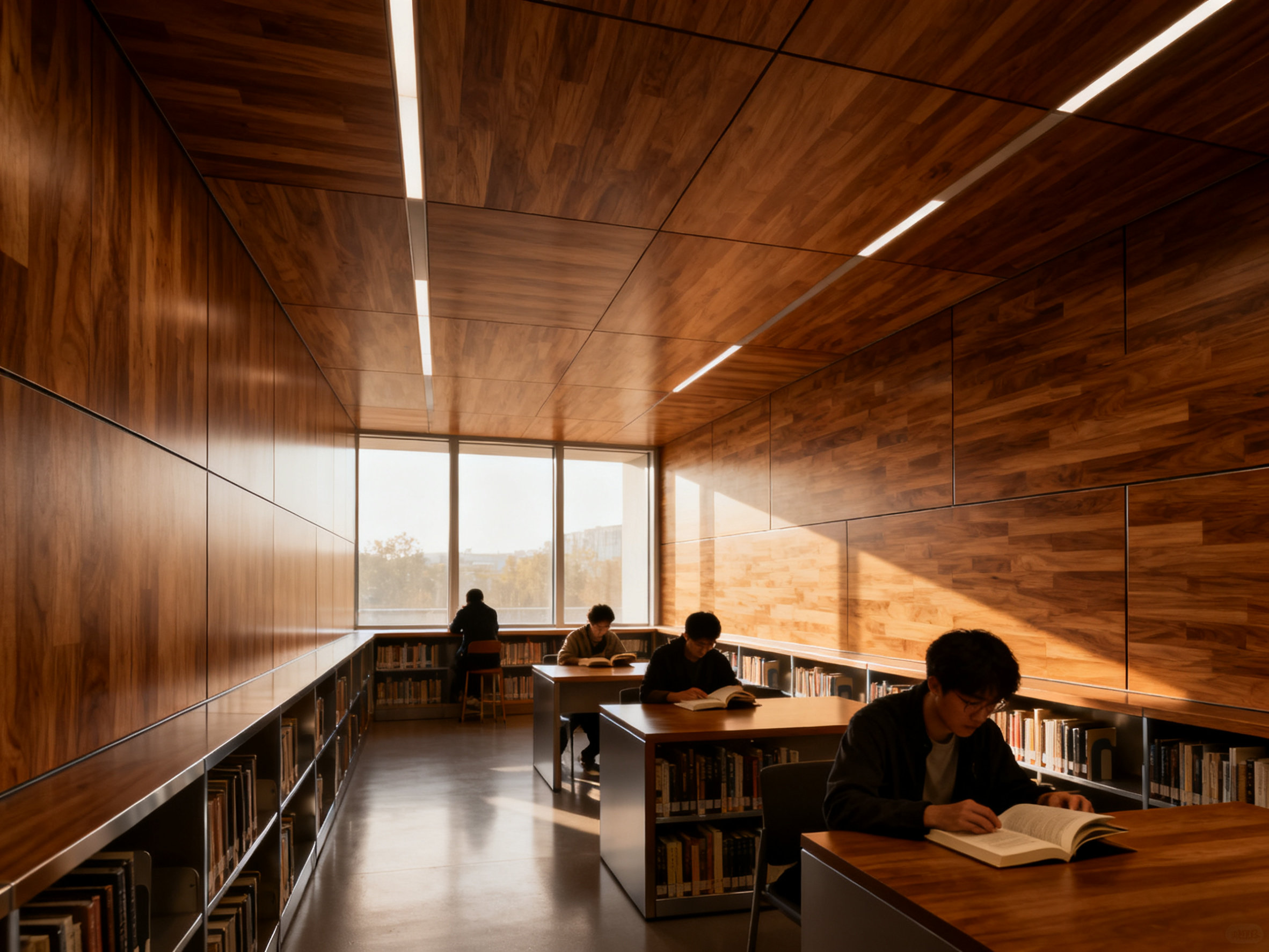 Warm and inviting interior of a library featuring wood-grain aluminum composite panels on the walls and ceiling.