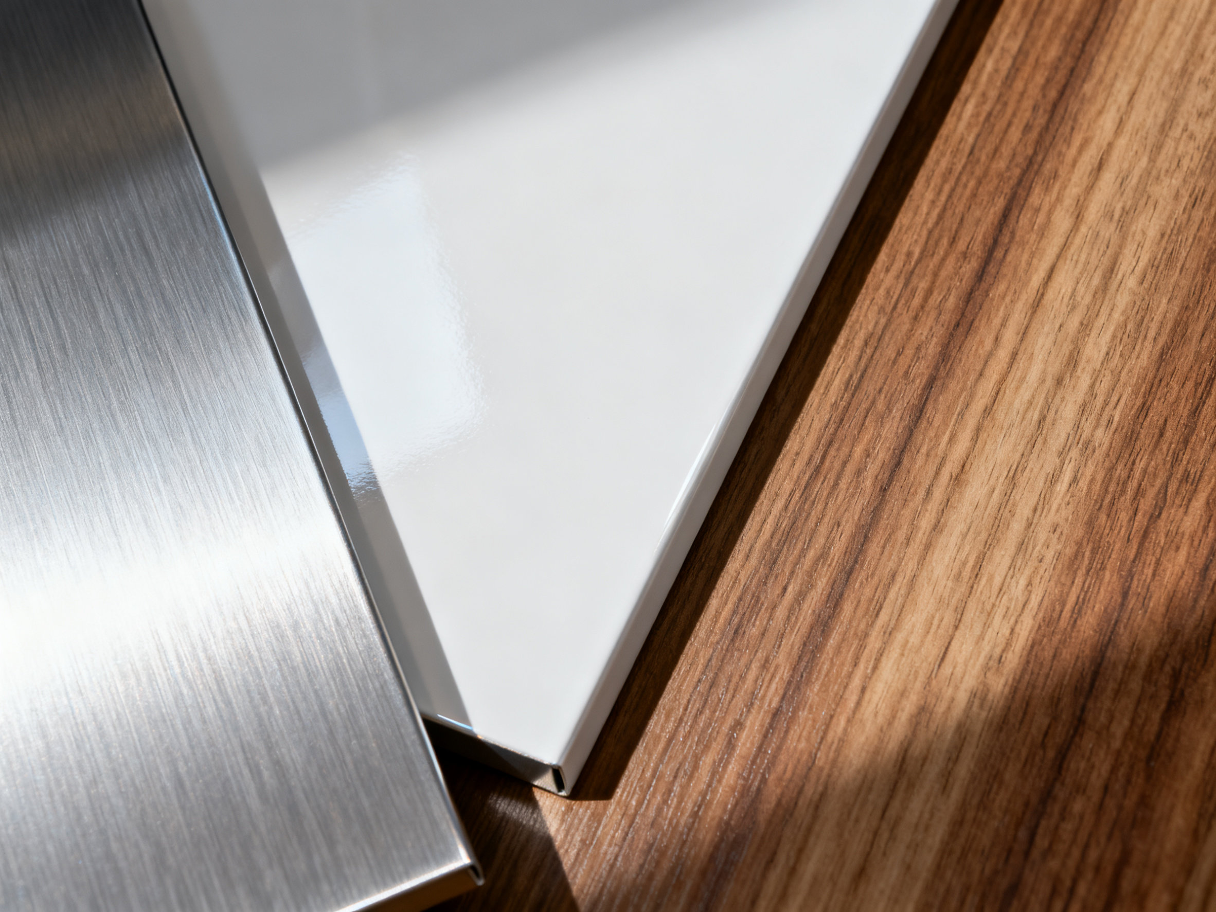 Macro shot displaying the detailed textures of three different aluminum buckle plate finishes: brushed silver, glossy white, and realistic wood grain.
