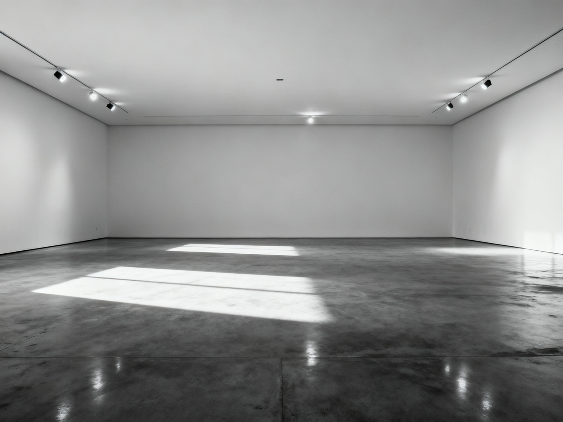 A minimalist living room with a high, flat ceiling and embedded spotlights creating harsh light pools on a concrete floor. The scene is stark and vast, shot in high-contrast black and white.