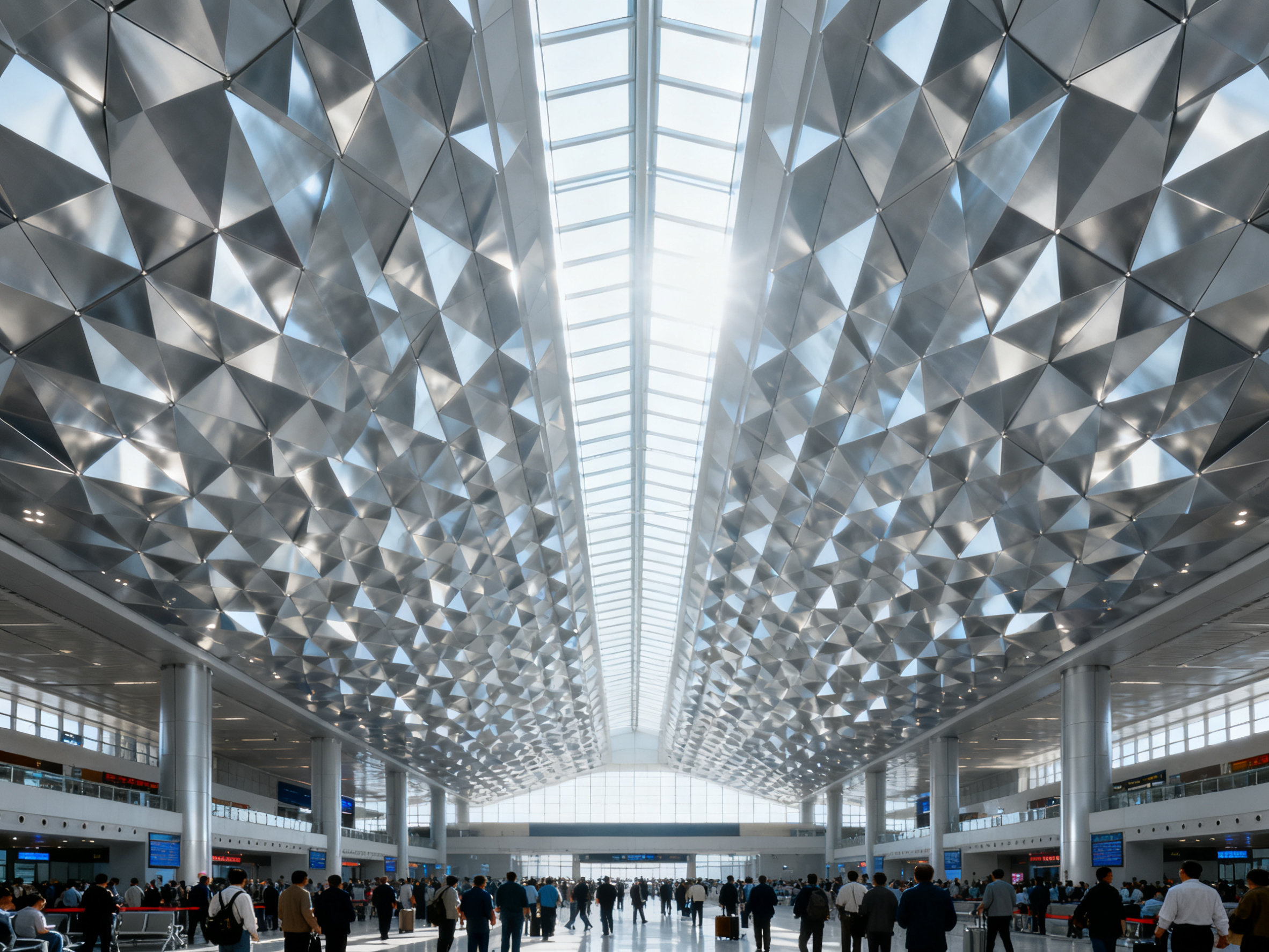The expansive ceiling of a modern airport terminal, constructed from geometric aluminum 3D panels, conveying a sense of safety, order, and advanced engineering.