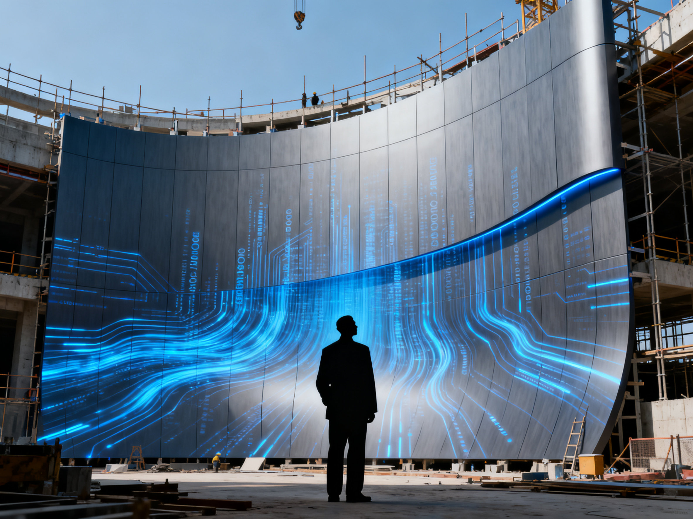Silhouette of a scientist observing the installation of futuristic curved all-aluminum wall panels with data streams, symbolizing technological progress in construction.