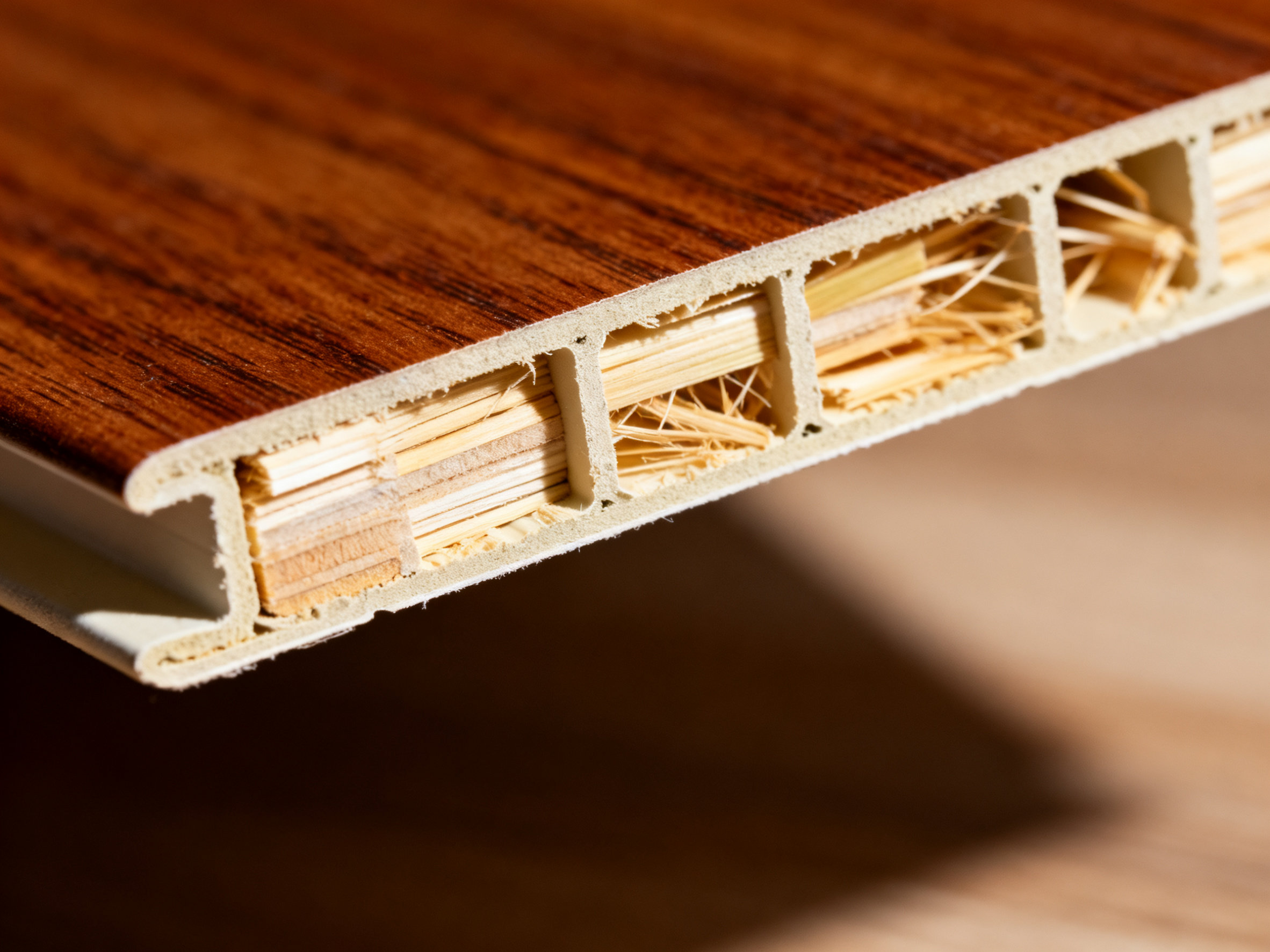 环保集成墙板的月下狂想 A macro shot showing the detailed texture and fibrous cross-section of a natural bamboo-wood fiber integrated wall panel.