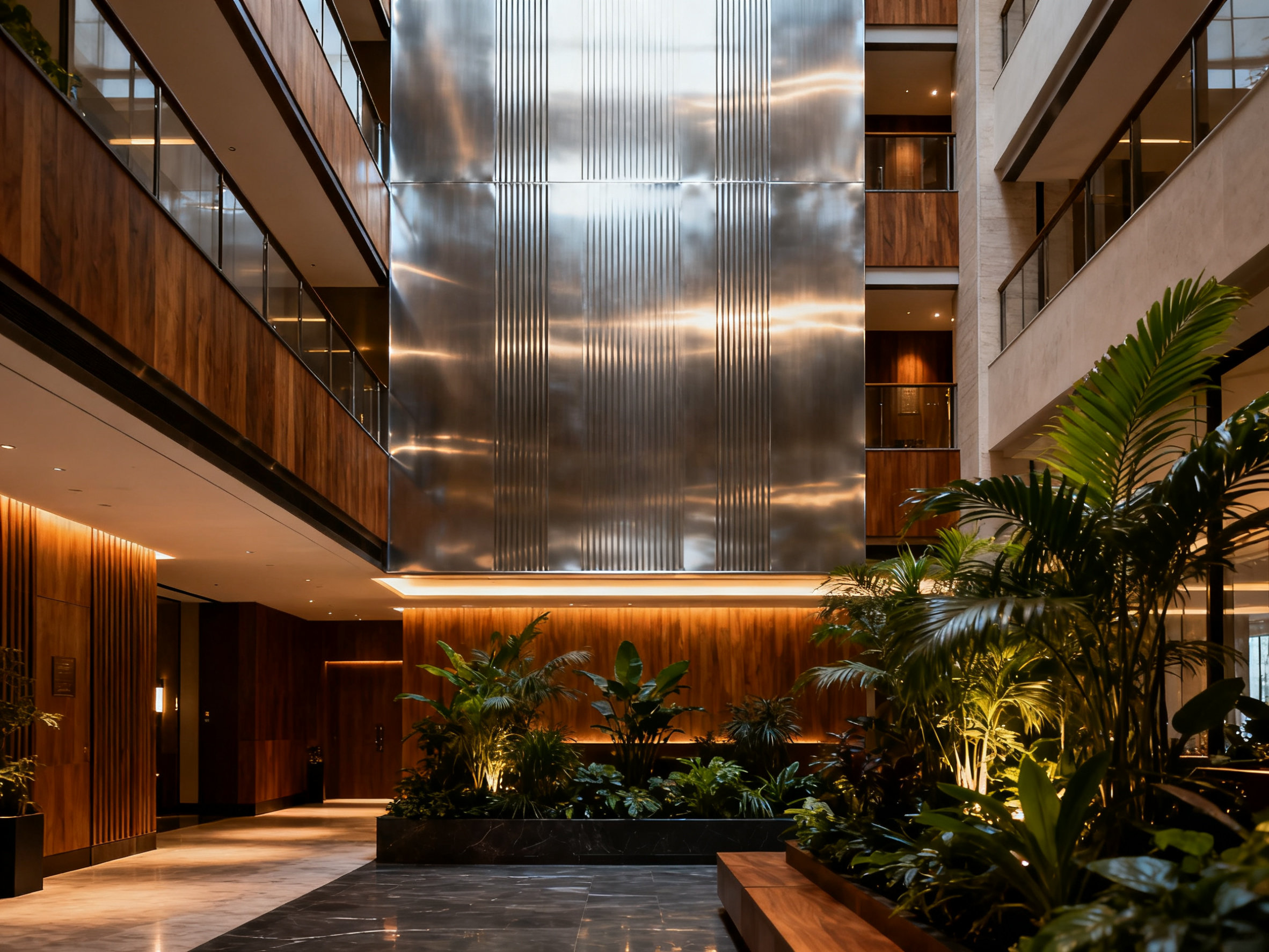 月下独酌思不锈钢墙板 Brushed stainless panels in hotel atrium