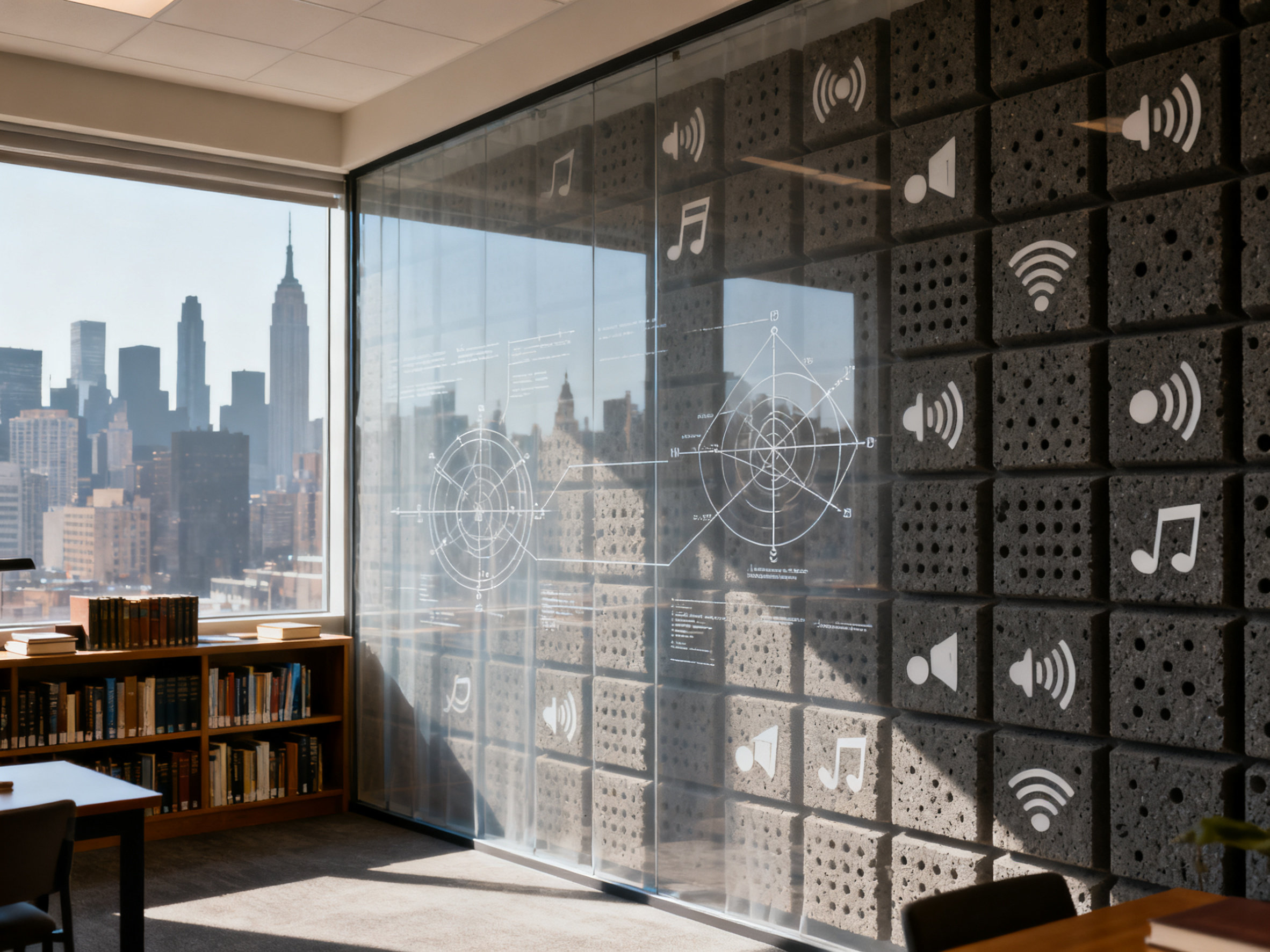 A quiet study protected from outside noise by a wall of sound-absorbing panels.