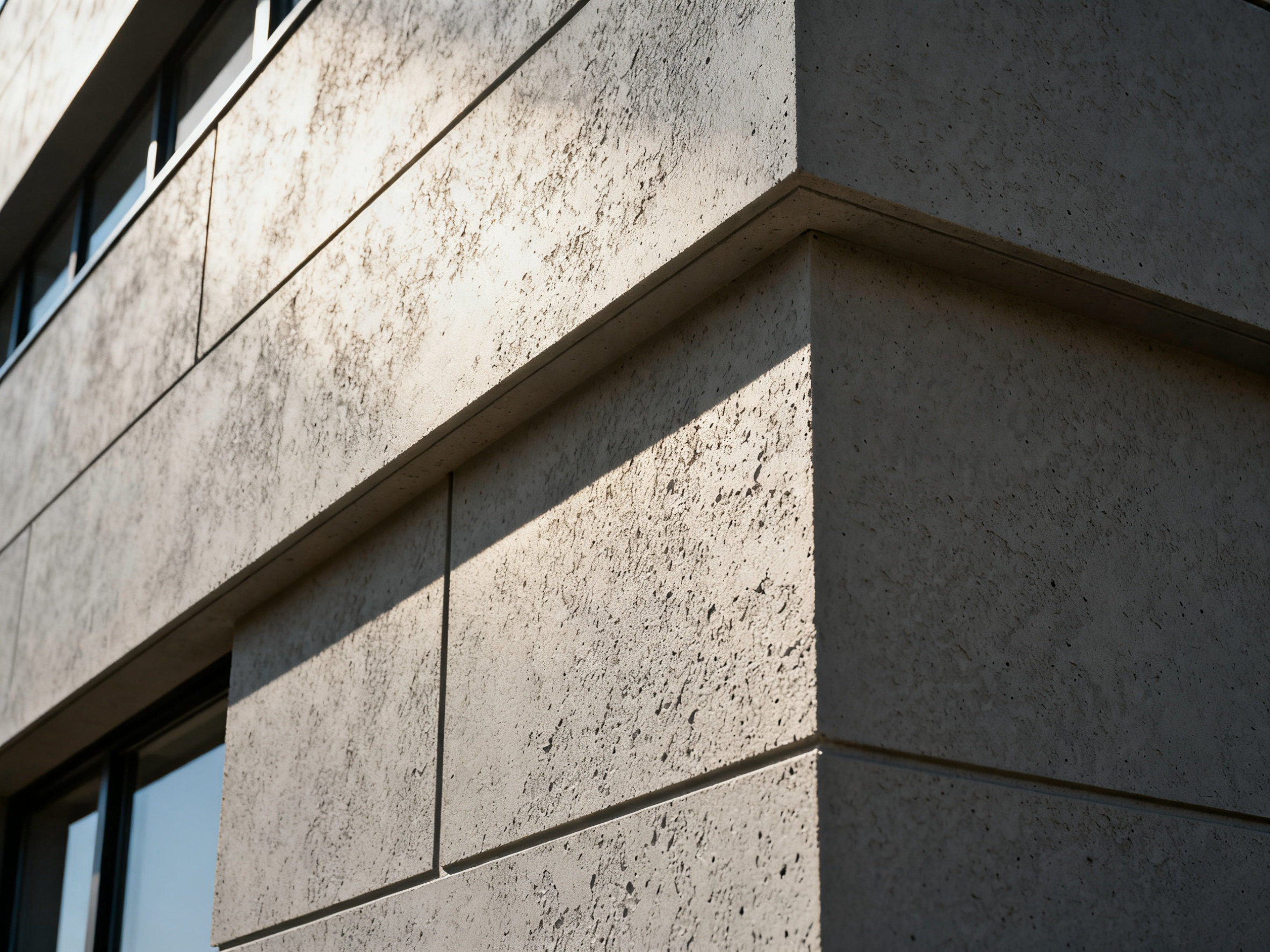 默然矗立,时代下的建筑墙板 Minimalist architectural photo of a facade with textured fiber cement wall panels, emphasizing light, shadow, and clean lines.