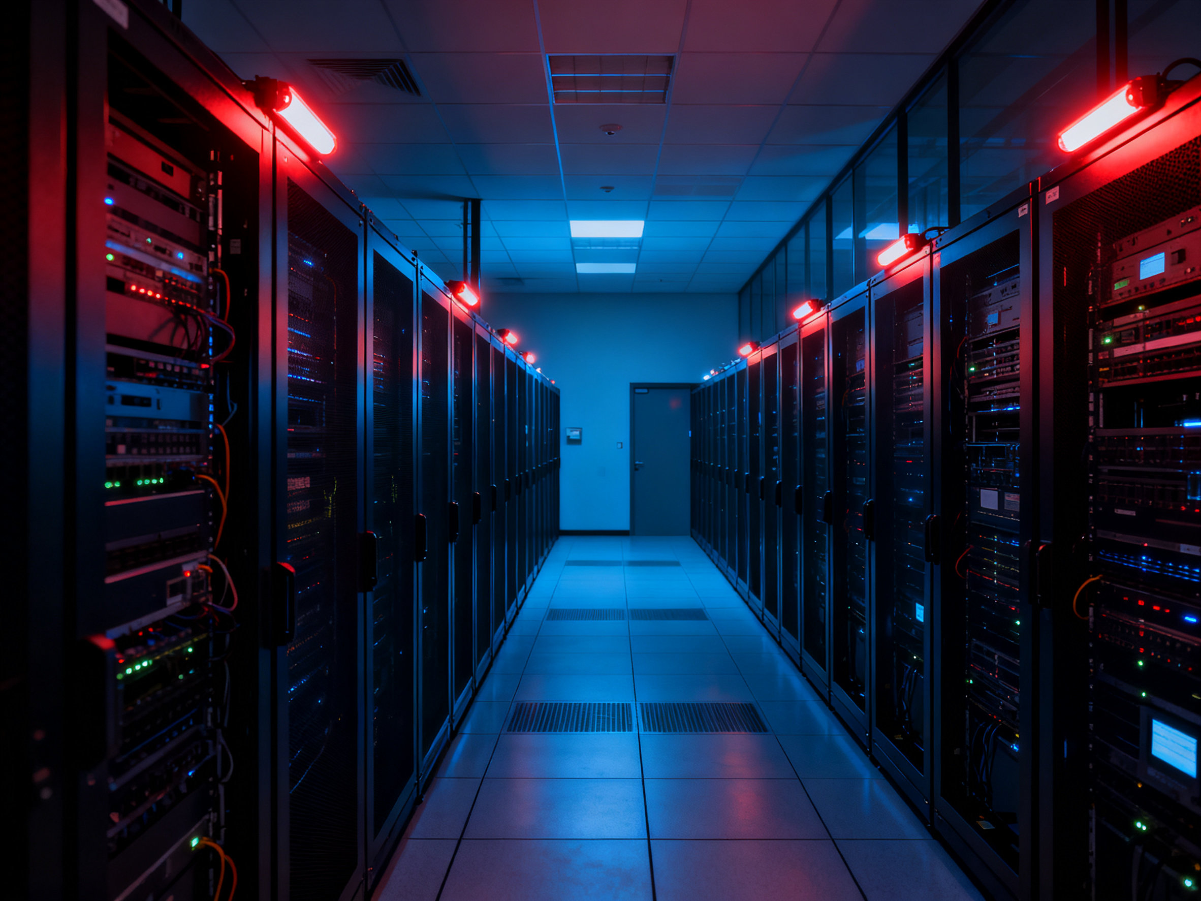 于无声处听惊雷:eps叫什么? Server room illuminated by EPS-powered emergency lights during a power outage.