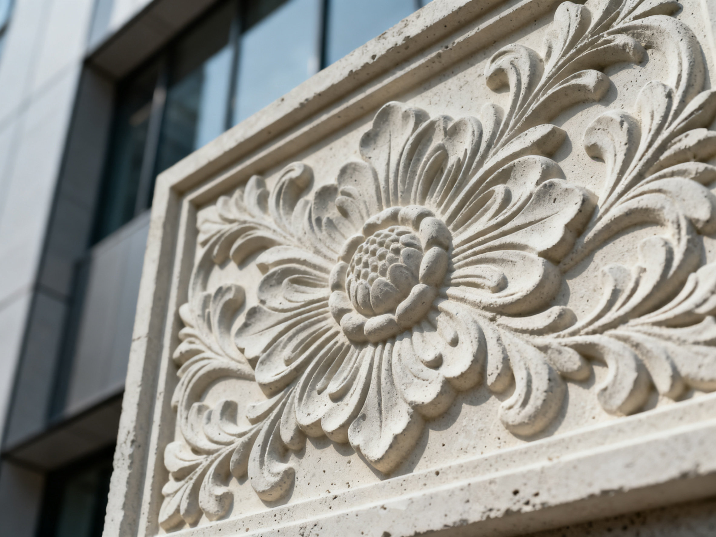 GRC材料之辩:究竟grc材料是什么材质? Close-up of an intricate GRC decorative panel on a modern building.