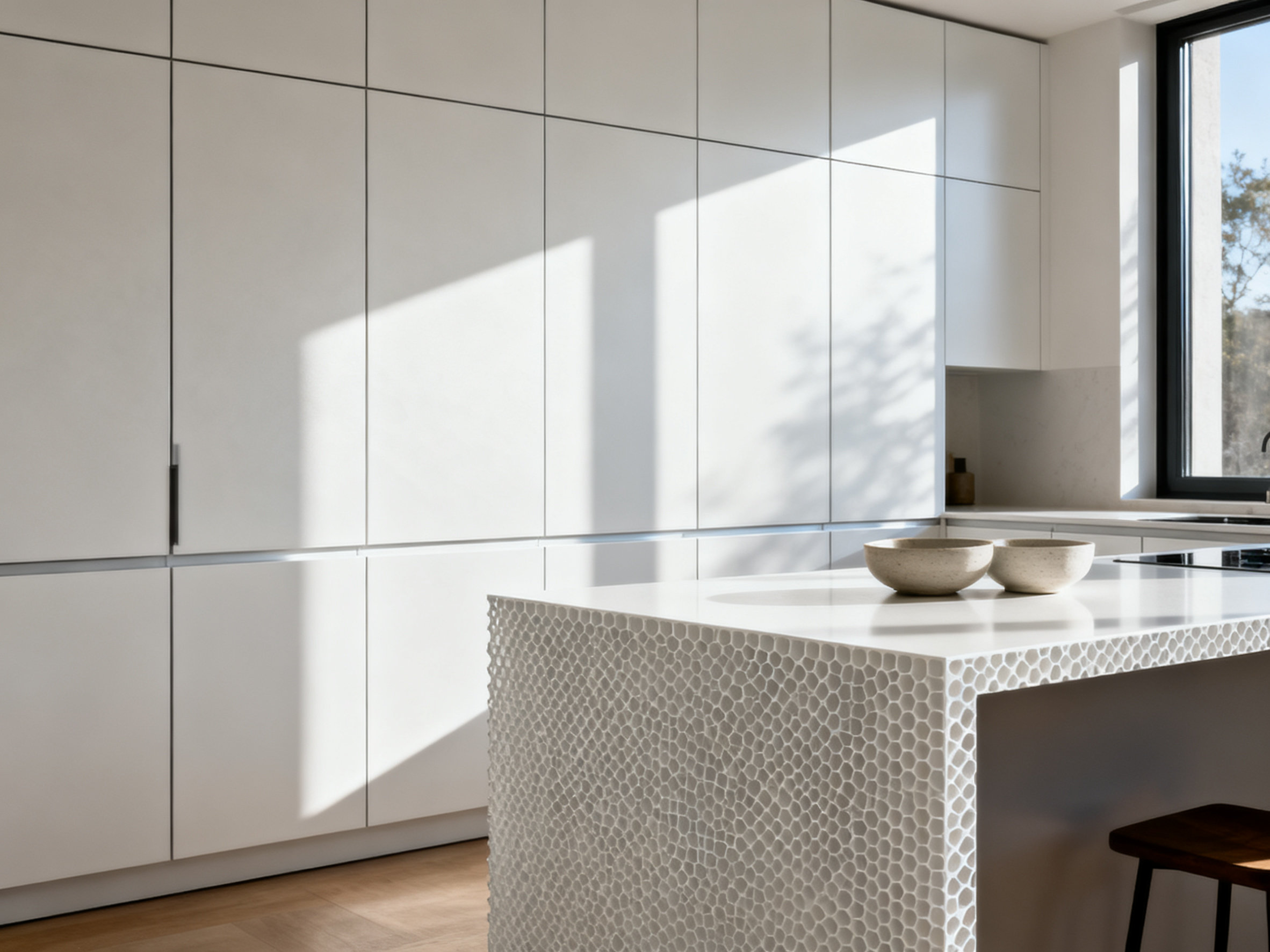 蜂窝铝板价格的浮沉与世相 Minimalist kitchen interior with white honeycomb aluminum panel cabinets.