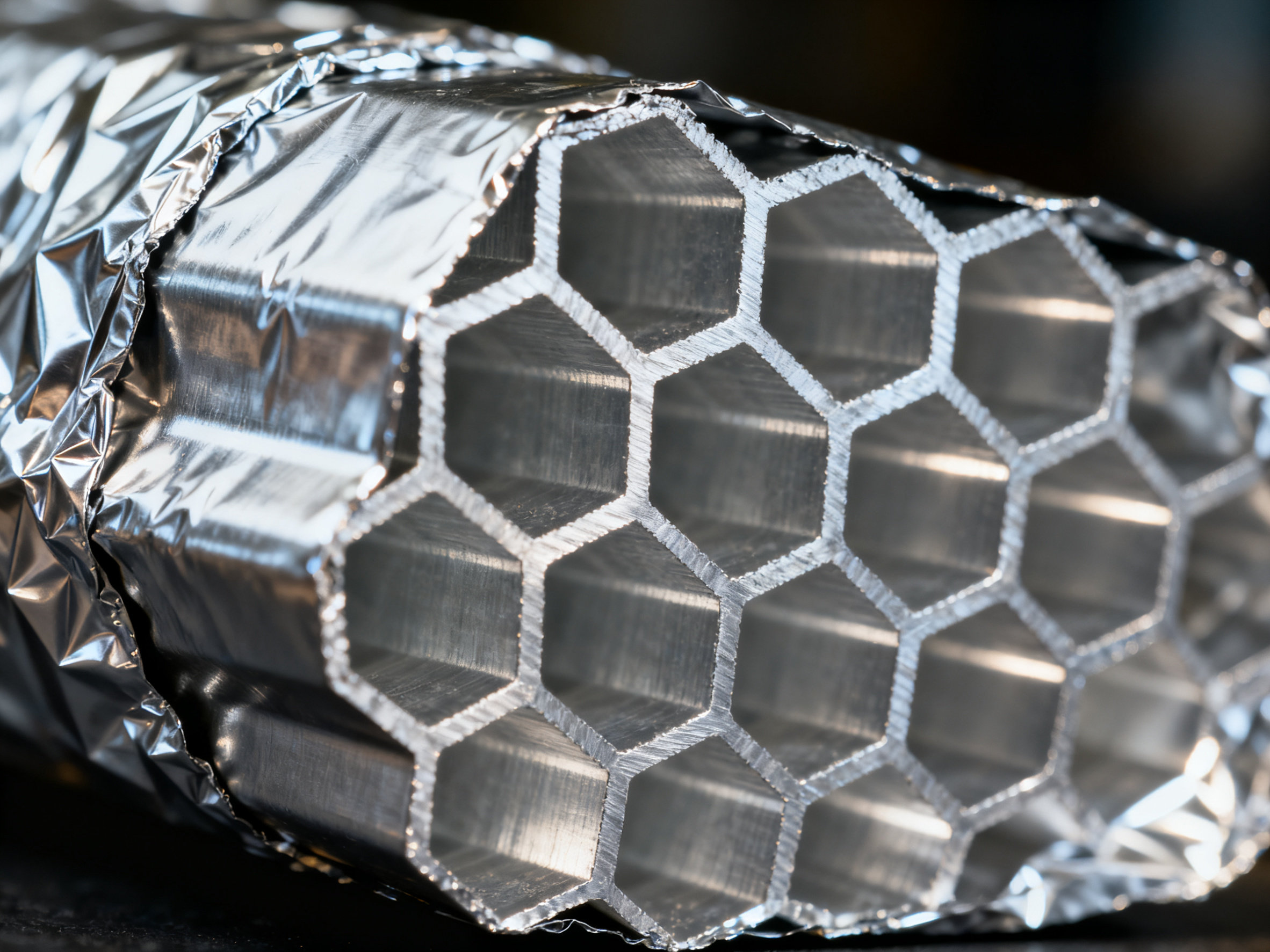 庭中之物,亦有风骨:闲话铝蜂窝芯 Close-up of the hexagonal structure of an aluminum honeycomb core.
