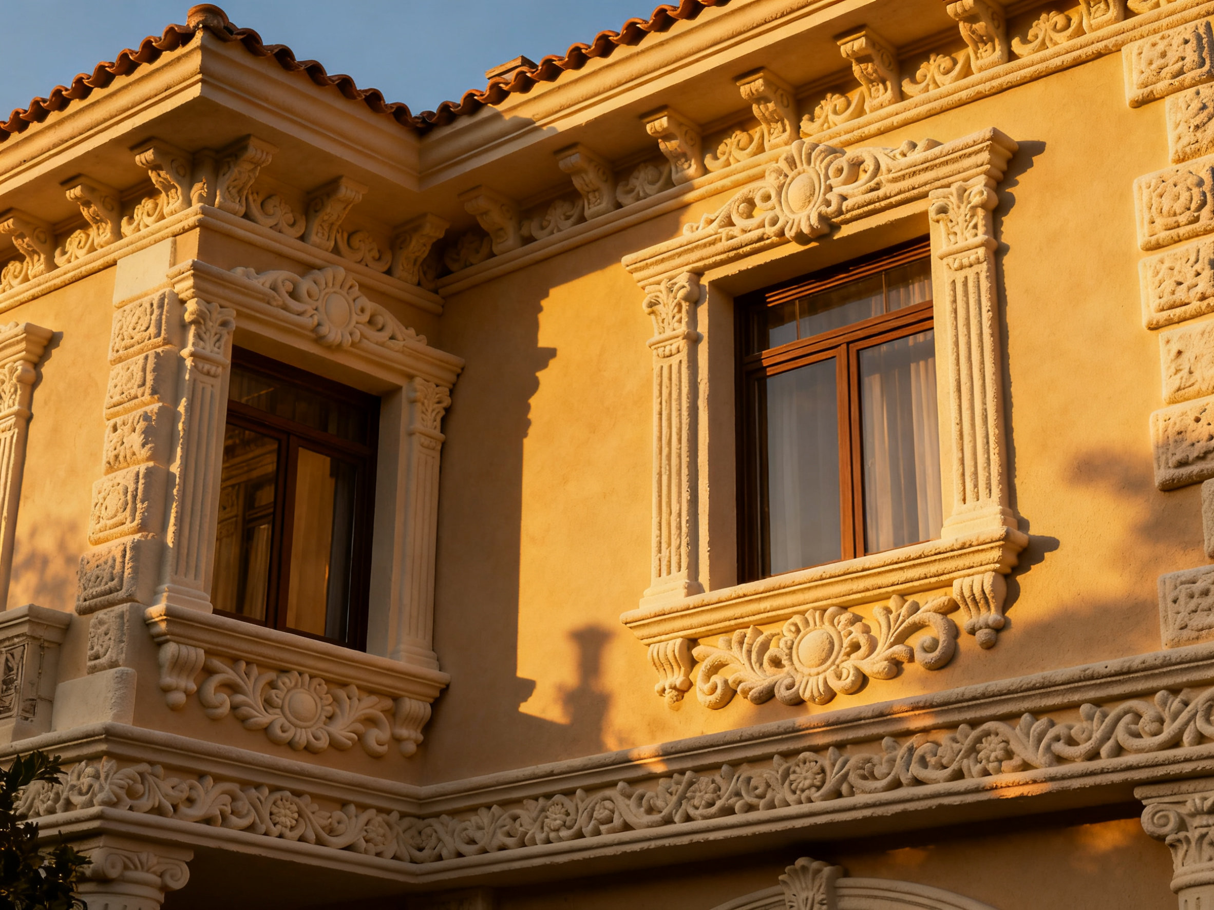 泡沫陶瓷装饰线条:旧梦新影,筑壁奇石 Close-up of foam ceramic decorative lines on a European-style villa.