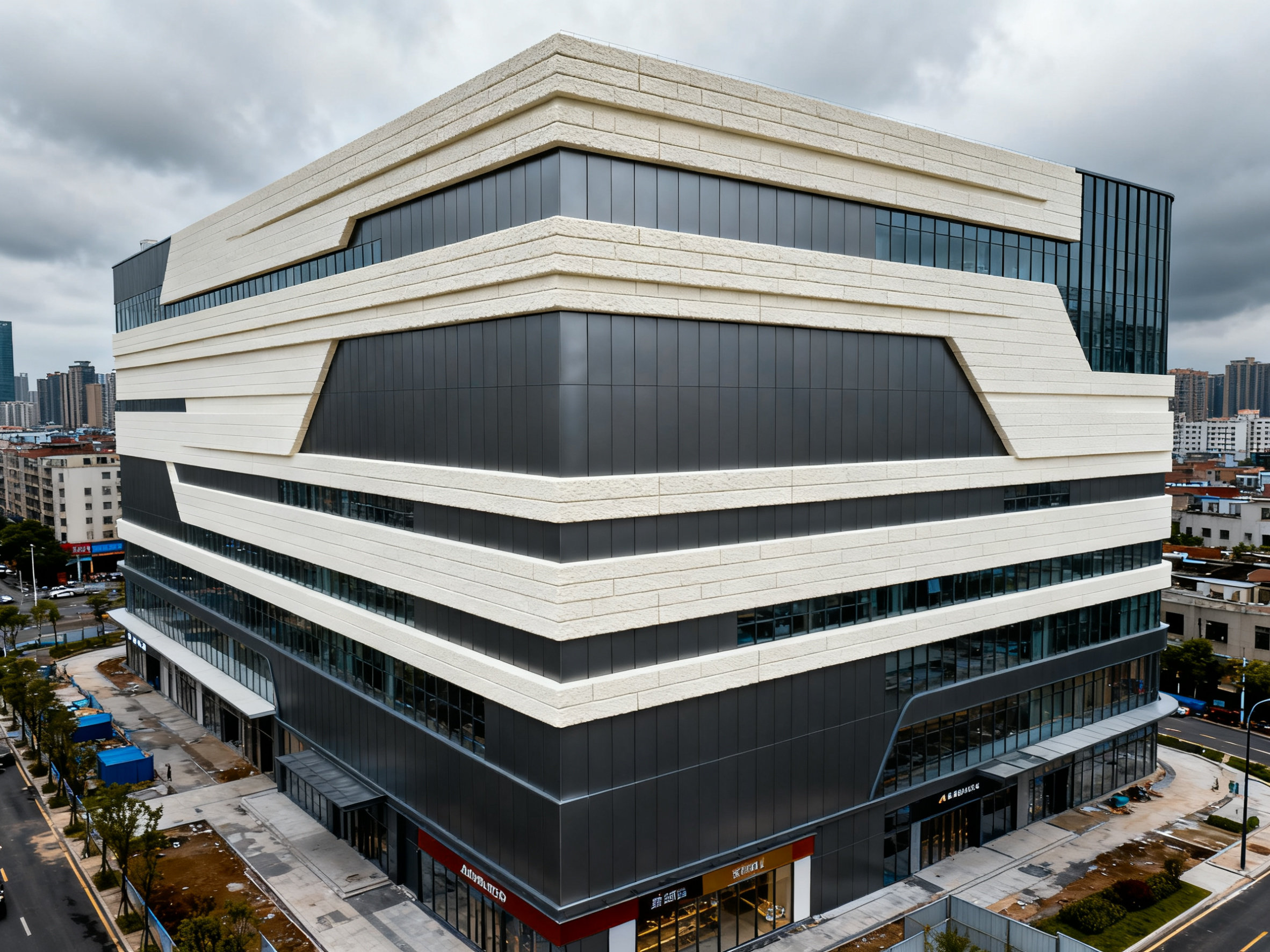 Foam ceramic decorative lines on a commercial complex, showcasing seamless integration with modern materials.