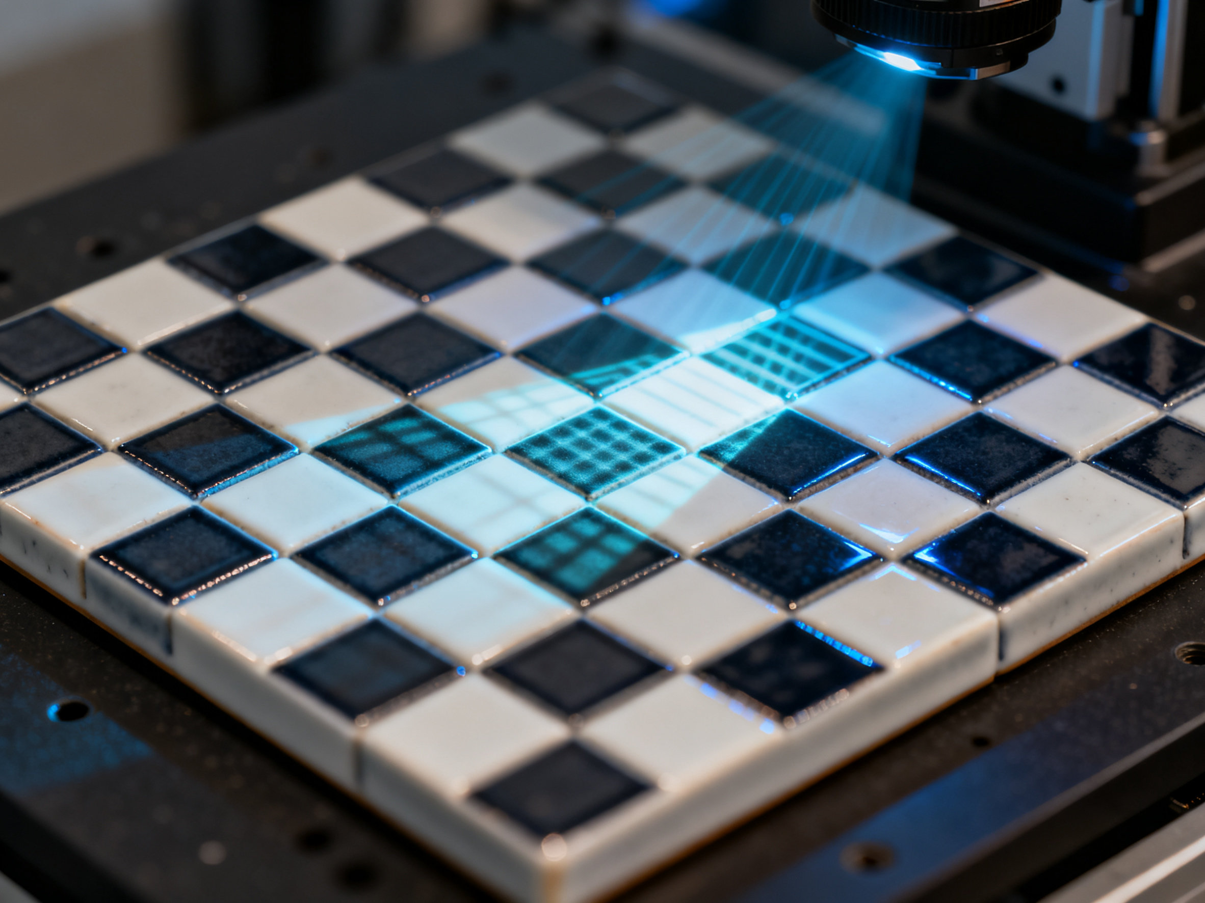 庭中望月与三维标定板之思 Close-up of a ceramic 3D calibration board under the structured light of a scanner, highlighting its precision pattern.