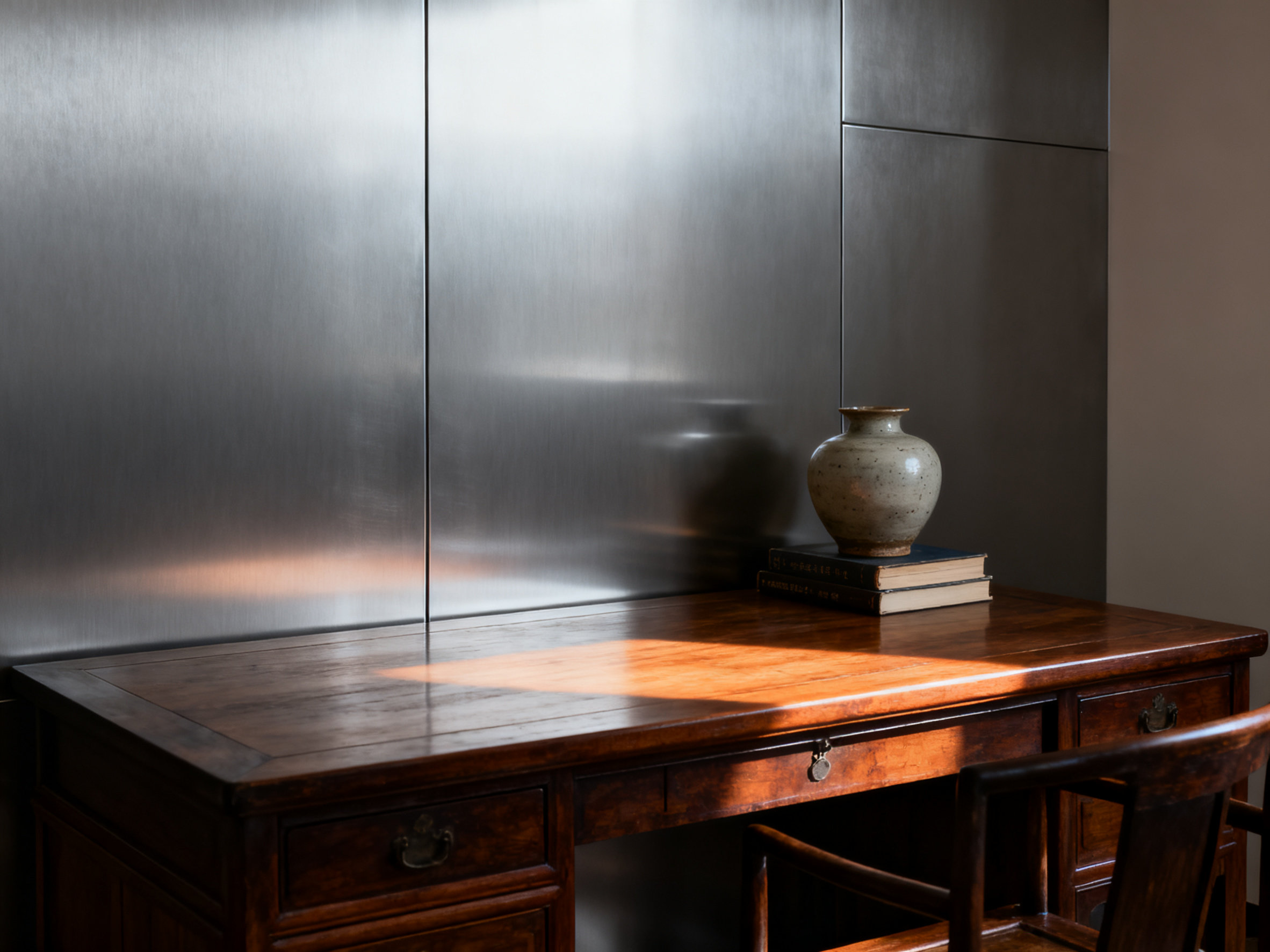 月光下的全铝板:一种冰冷的坚固与迷思 Aluminum wall with wooden desk