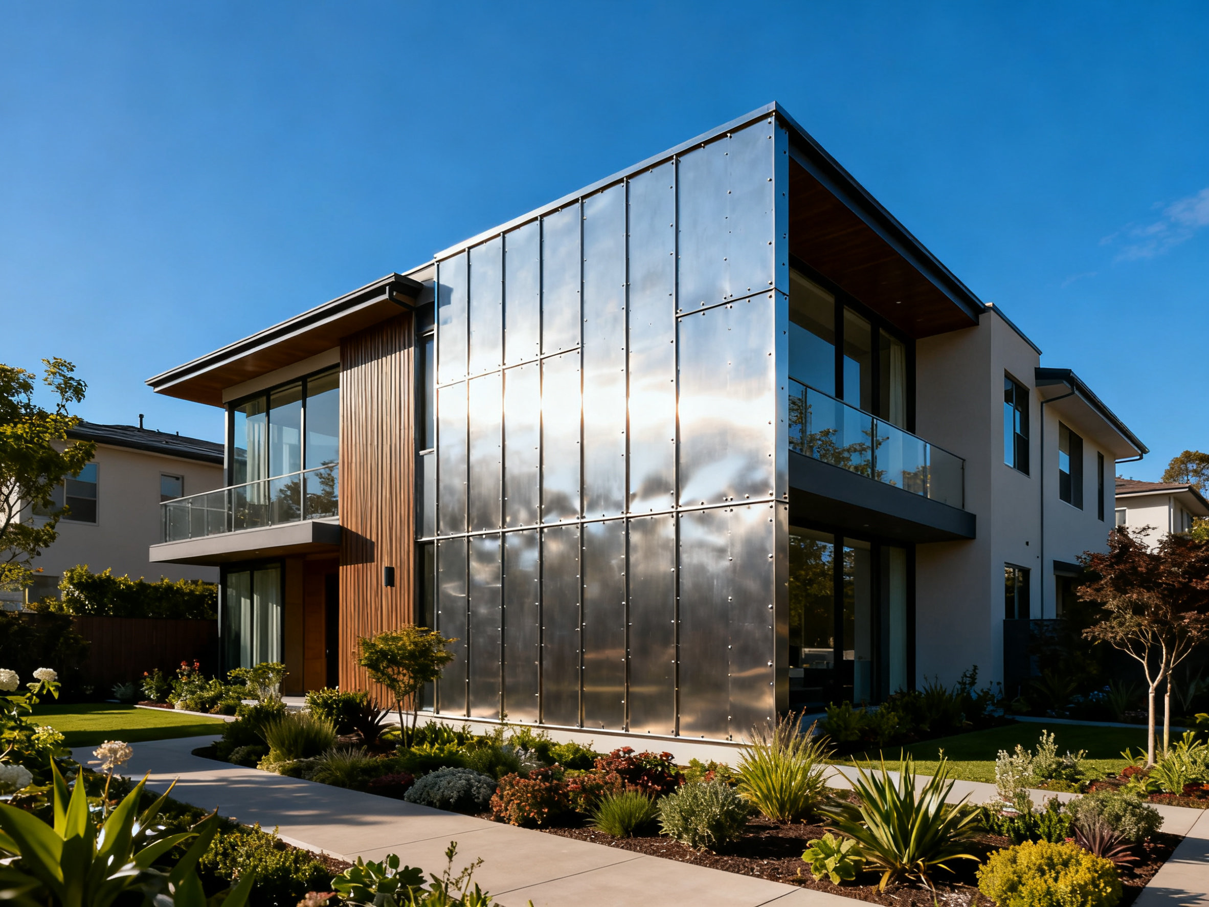 Residential facade with steel wall panels