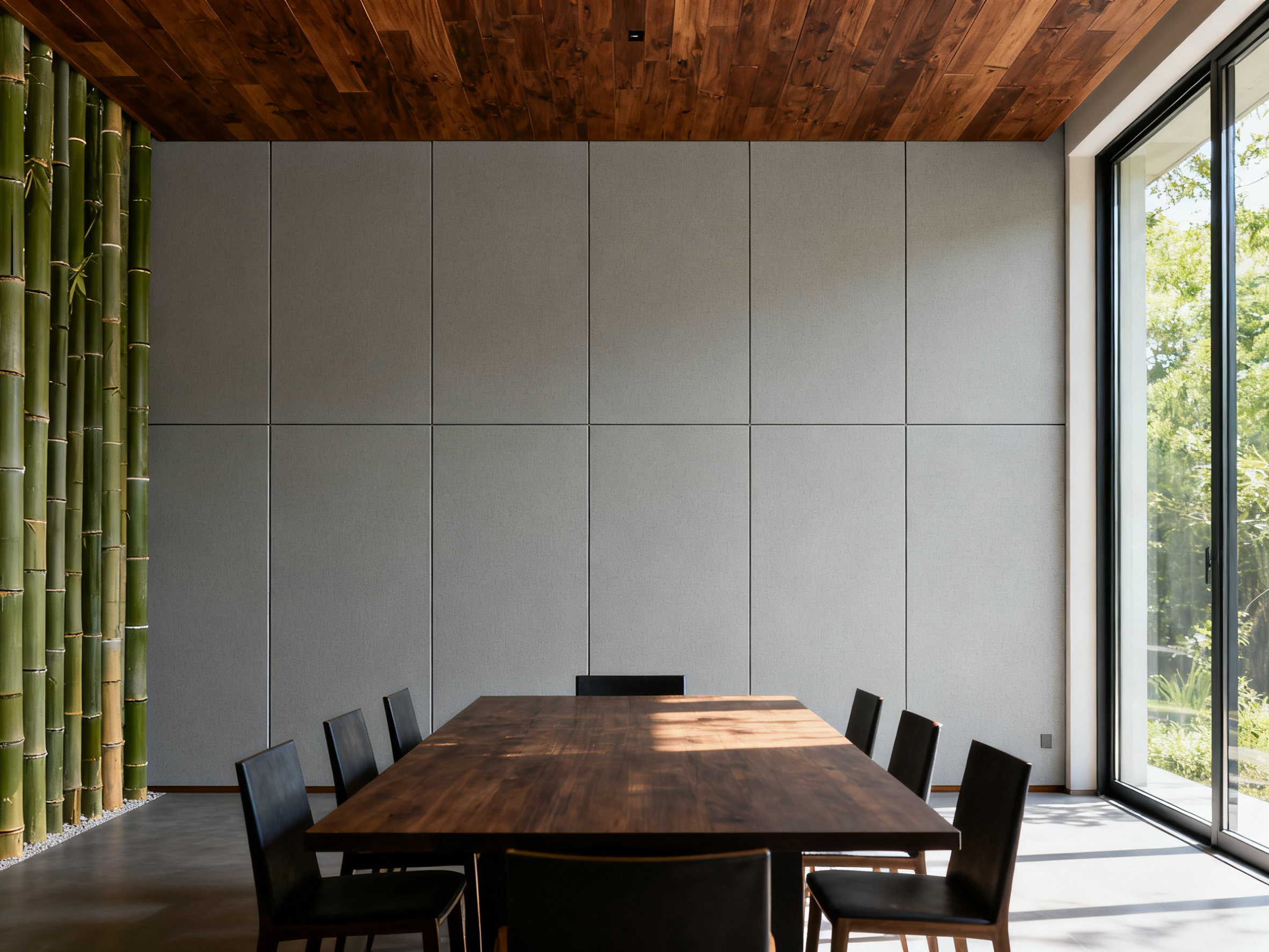 Contemporary dining area with bamboo wall panels