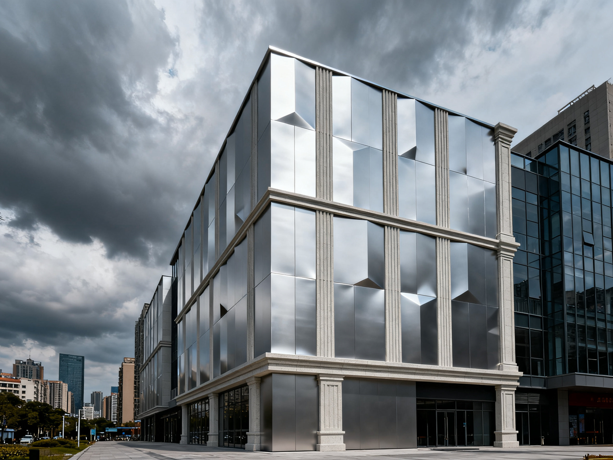 Silver-gray aluminum panels on facade