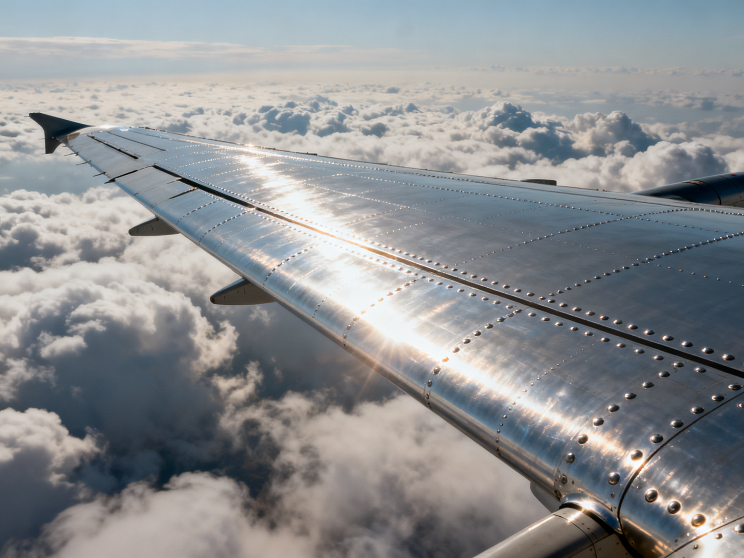 探寻那些塑造时代的铝板生产厂家 Close-up of a sleek airplane wing made of aluminum panels, glistening in the sun against a cloudy sky.