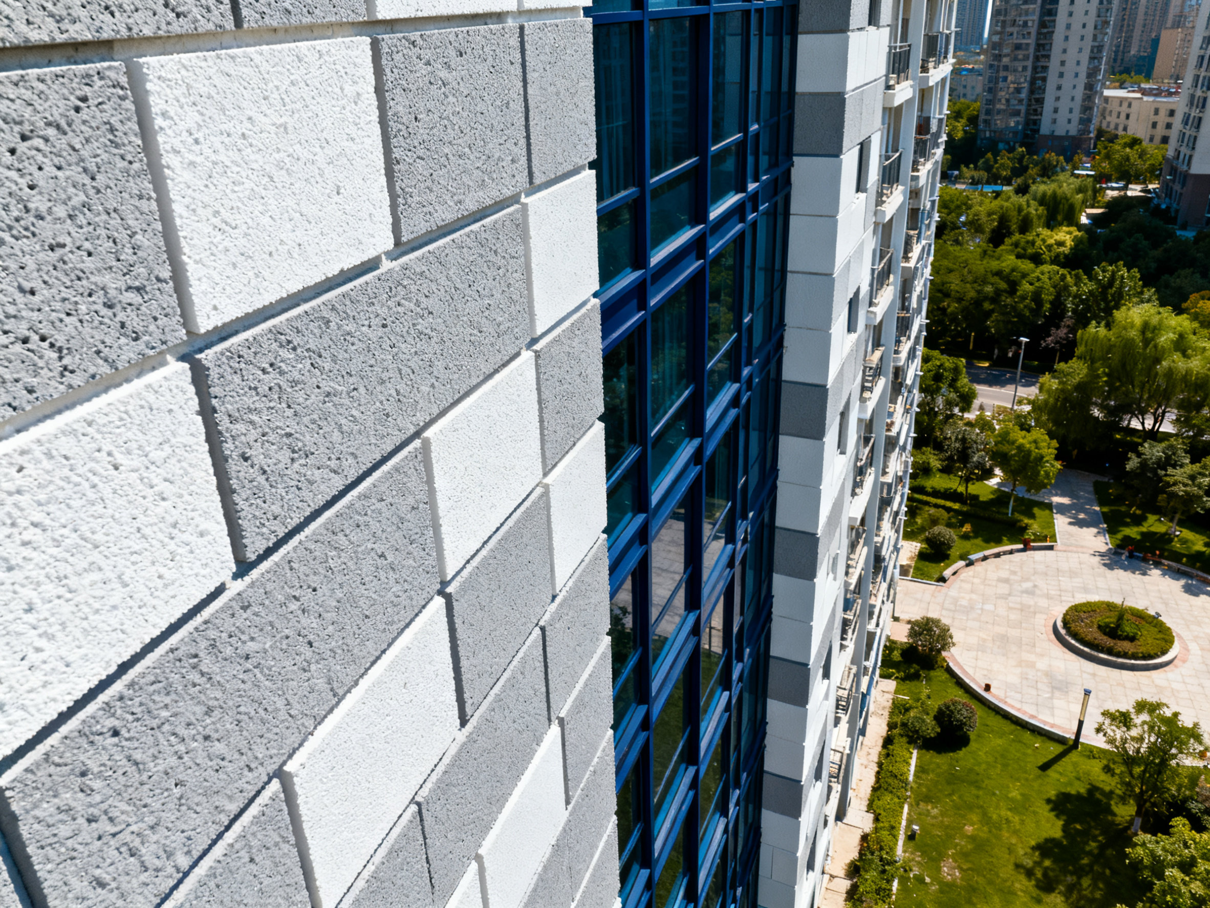 Urban building facade with fireproof panels