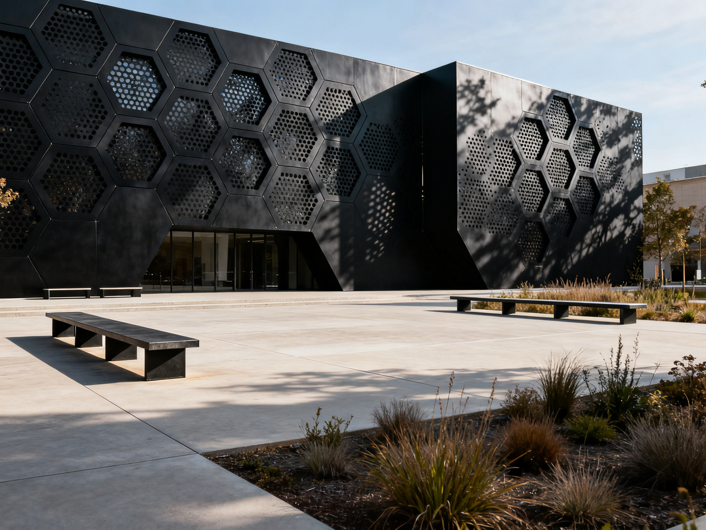 月下独酌,偶见铝板冲孔网之奇想 Black hexagonal perforated panels